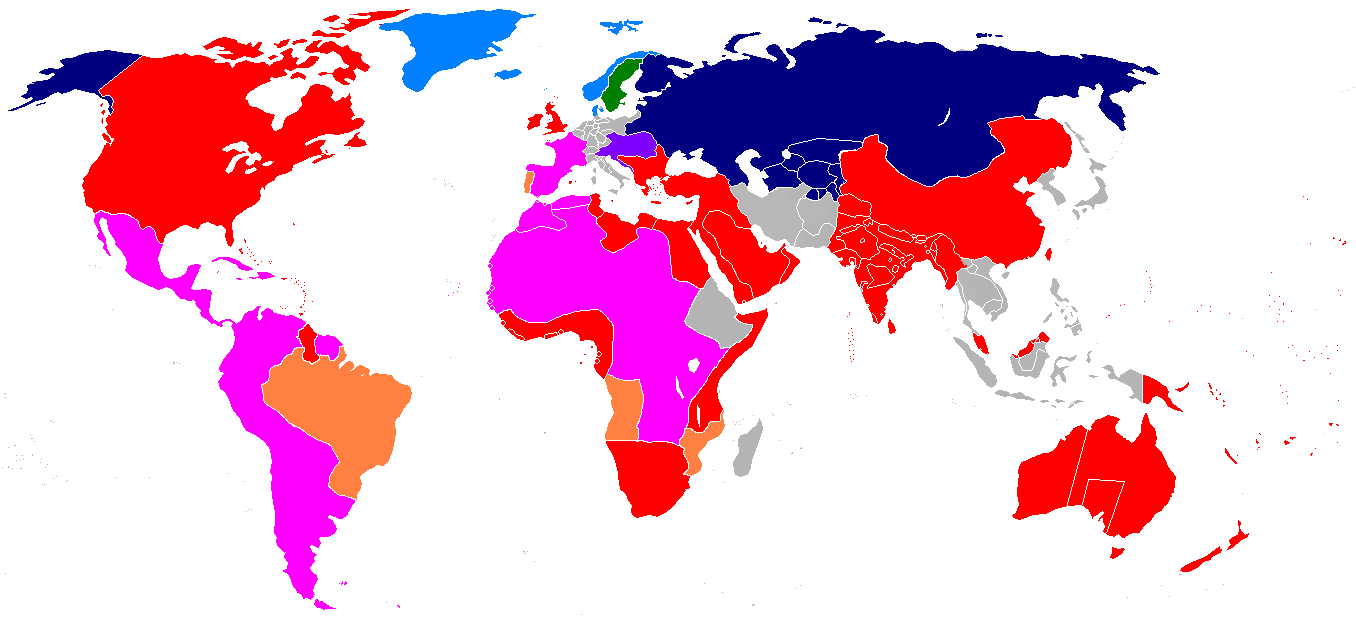 float|upright|The Two Georges world map: British Empire (red); Franco-Spanish "Holy Alliance" (pink); Portuguese territory (orange); Austrian Empire (purple); Sweden (green); Danish Empire (cyan); Russian Empire (indigo).