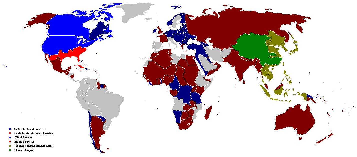 The United States vs. the Confederate States during World War II. Results: the American Empire, German Empire, and Japanese Empire are the -only- surviving global superpowers. The Confederate States of America ceases to exist after Richmond, Virginia is destroyed by the first atomic bomb and is put into "political limbo".