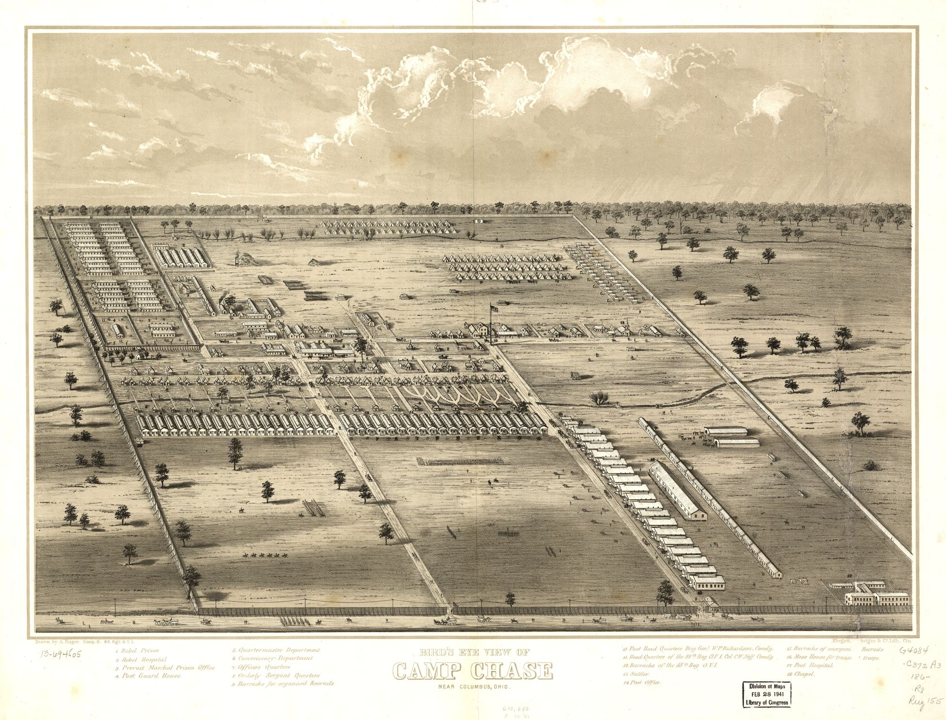 Camp Chase (Columbus, Ohio). Camp Chase was established on farmland outside of Columbus, Ohio in June of 1861. It began as a training facility preparing Ohio volunteers for the battlefronts of the Civil War. Shortly after it opened, the camp received its first prisoner of war. Five months later, the camp held nearly 300 prisoners, most of them civilian political prisoners from Kentucky and Virginia. After the exchange program deteriorated in the summer of 1863, the prison population at Camp Chase grew to more than 2,000. By 1864, the prison population expanded to 8,000, well more than the facility was designed to handle. As the prison population exploded, living conditions rapidly deteriorated. Diseases, such as smallpox, typhus, and pneumonia, ran rampant in the camp's unsanitary, crowded barracks. Prisoners also suffered from malnutrition and exposure during the harsh winters. By the end of the war and the camp's closure in July 1865, more than 26,000 Confederate prisoners passed through Camp Chase's gates. Of these soldiers, nearly eight percent died while incarcerated.(Image credit: Library of Congress) Camp Chase (Columbus, Ohio). Camp Chase was established on farmland outside of Columbus, Ohio in June of 1861. It began as a training facility preparing Ohio volunteers for the battlefronts of the Civil War. Shortly after it opened, the camp received its first prisoner of war. Five months later, the camp held nearly 300 prisoners, most of them civilian political prisoners from Kentucky and Virginia. After the exchange program deteriorated in the summer of 1863, the prison population at Camp Chase grew to more than 2,000. By 1864, the prison population expanded to 8,000, well more than the facility was designed to handle. As the prison population exploded, living conditions rapidly deteriorated. Diseases, such as smallpox, typhus, and pneumonia, ran rampant in the camp's unsanitary, crowded barracks. Prisoners also suffered from malnutrition and exposure during the harsh winters. By the end of the war and the camp's closure in July 1865, more than 26,000 Confederate prisoners passed through Camp Chase's gates. Of these soldiers, nearly eight percent died while incarcerated.(Image credit: Library of Congress)