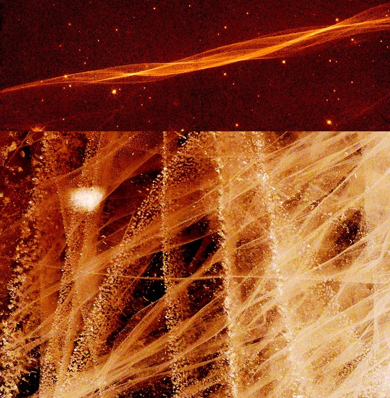A comparison of two events of different dimensions. The Cygnus Loop is a gas with a distribution formed by a shock wave generated by a supernova explosion. There is a quartz sample with hypothetical cavitation wavefronts from Ukraine in the picture below (hand specimen). A shock wave should go through it as well.