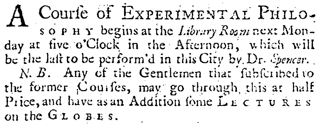 July 26, 1744, advertisement promoting lecture in Philadelphia