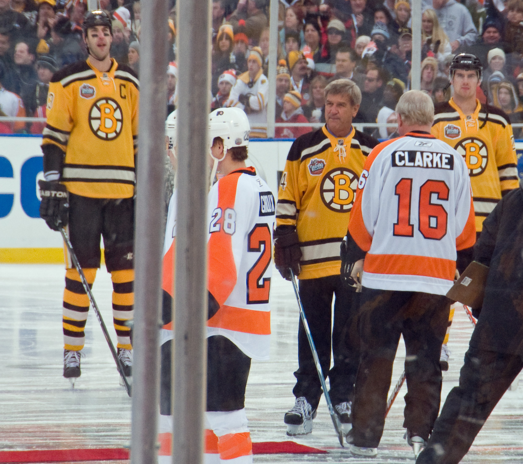 Legends Bobby Orr and Bobby Clarke at the ceremonial puck drop prior to the 2010 NHL Winter Classic.