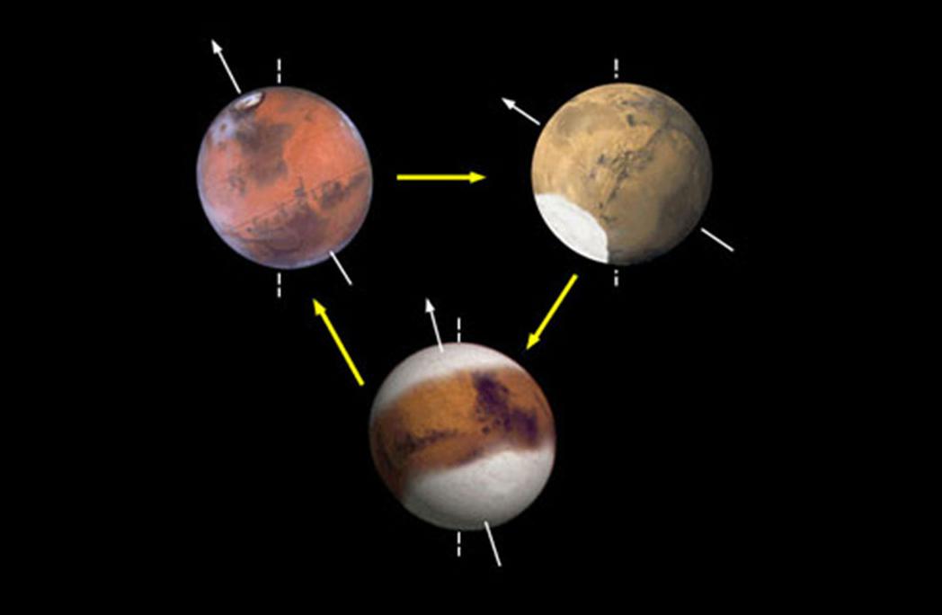400 px|Changes in tilt of Mars's axis. At times it tilts so far that it has equatorial ice sheets instead of the more usual polar ice caps. The sub surface ice sheets in the equatorial regions, if they exist, may be remnants of these larger ice sheets from the past. 400 px|Changes in tilt of Mars's axis. At times it tilts so far that it has equatorial ice sheets instead of the more usual polar ice caps. The sub surface ice sheets in the equatorial regions, if they exist, may be remnants of these larger ice sheets from the past.