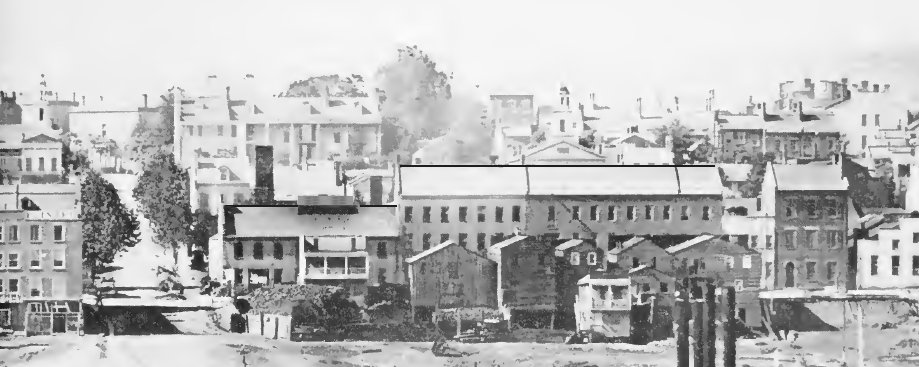 A. Harkness & Sons Foundry circa 1848 is 2-story with smoke stack and 3-story building in foreground on Front Street, east of Lawrence St.