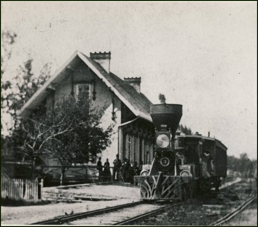 Harkness locomotive engine at the first Glendale (Ohio) train depot in 1918