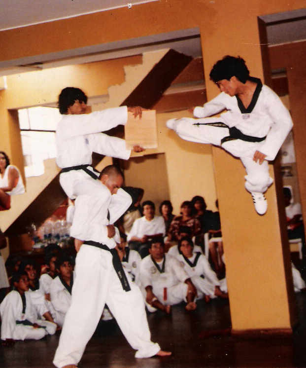 Jean Carlos Gamarra performs an incredible jumping kick for an audience. Jean Carlos Gamarra performs an incredible jumping kick for an audience.