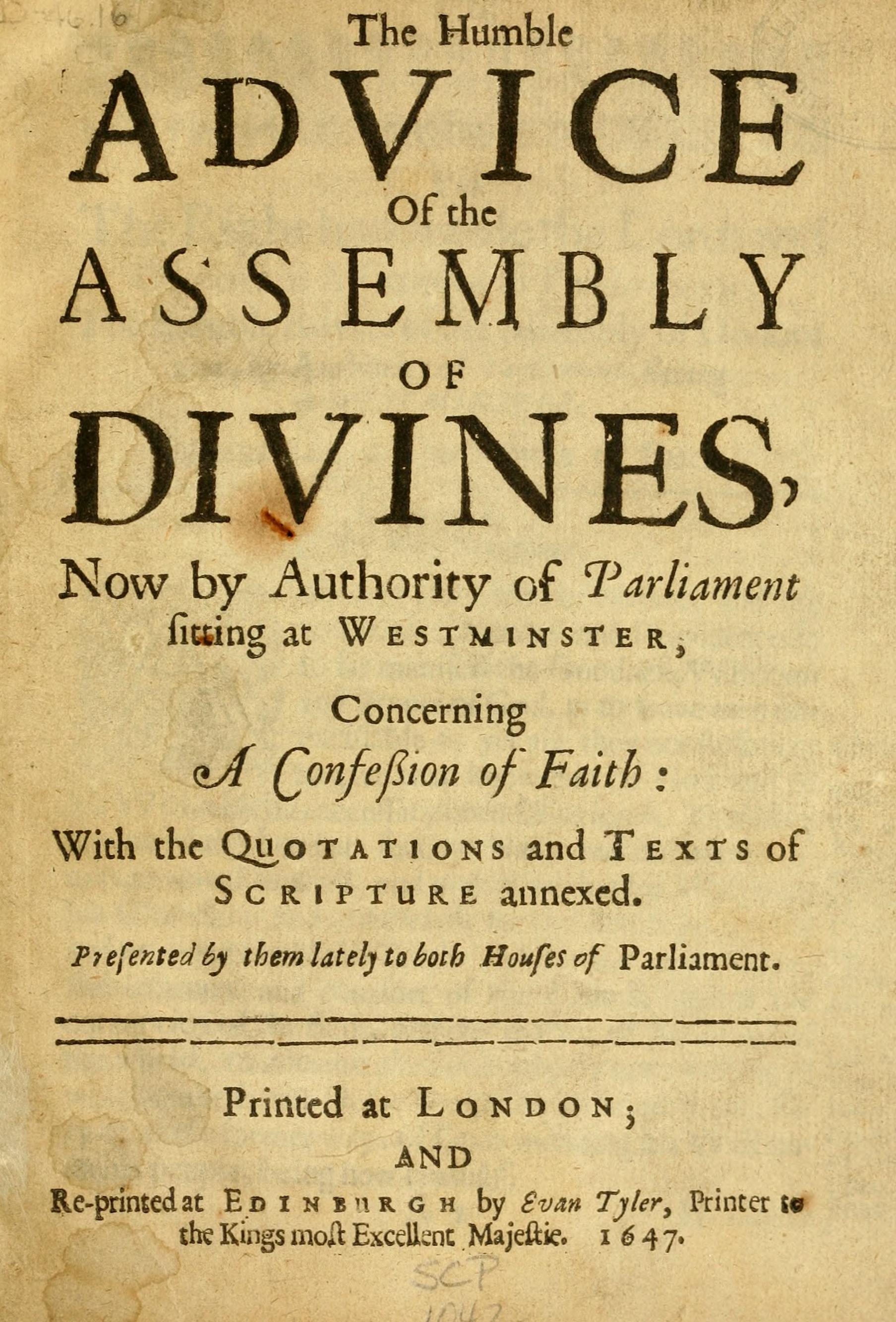 Title page of a 1647 printing of the Confession Title page of a 1647 printing of the Confession