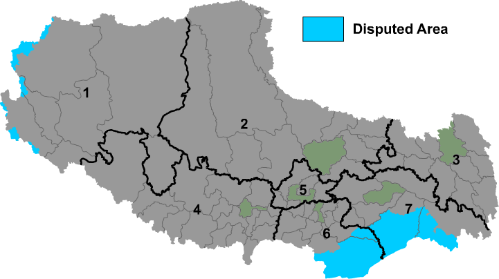 Map of prefectures of the Xizang Autonomous Region, more widely known as Tibet. It was formally established in 1965 to replace the Tibet Area, an administrative division the PRC inherited from the KMT regime, about 5 years after the dismissal of the Kashag by the PRC following the 1959 Tibetan uprising, and about 13 years from the Tibet's incorporation into the PRC in 1951. Unlike the Xinjiang Autonomous Region, there were no Construction Corps sent to Tibet. Strategic constructions for national security were carried out directly by the Chinese military (PLA). Before its incorporation into the PRC polity, the CCP had limited rule over Tibet. For further information, see History of Tibet (1950–present).
