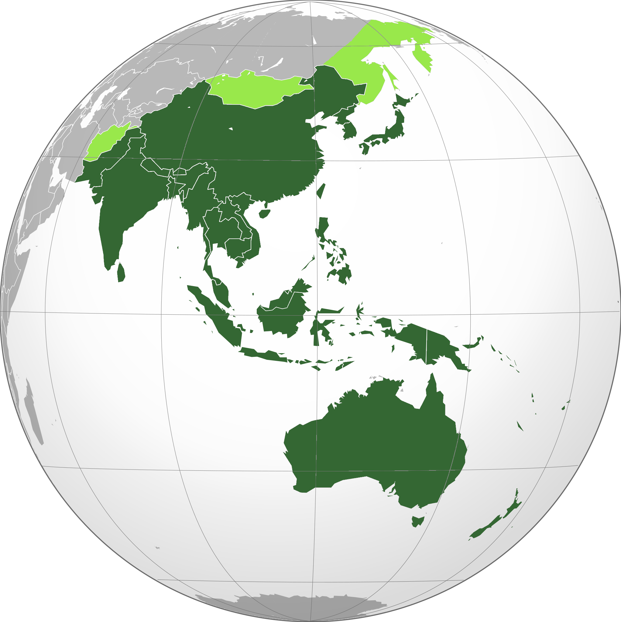 Countries and territories generally included in the Asia-Pacific region.