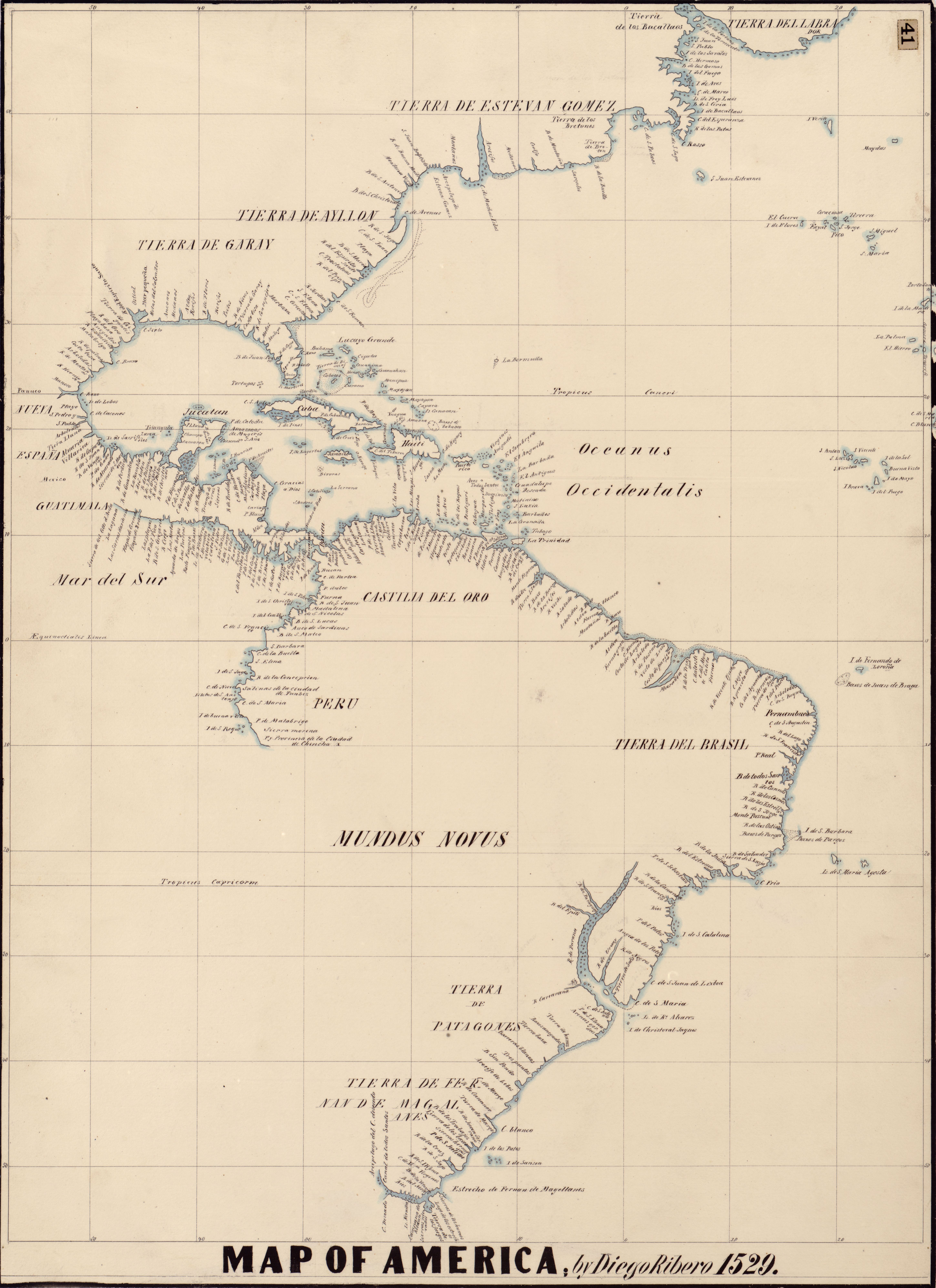Map of America by Diego Ribero showing Cariay (1529)