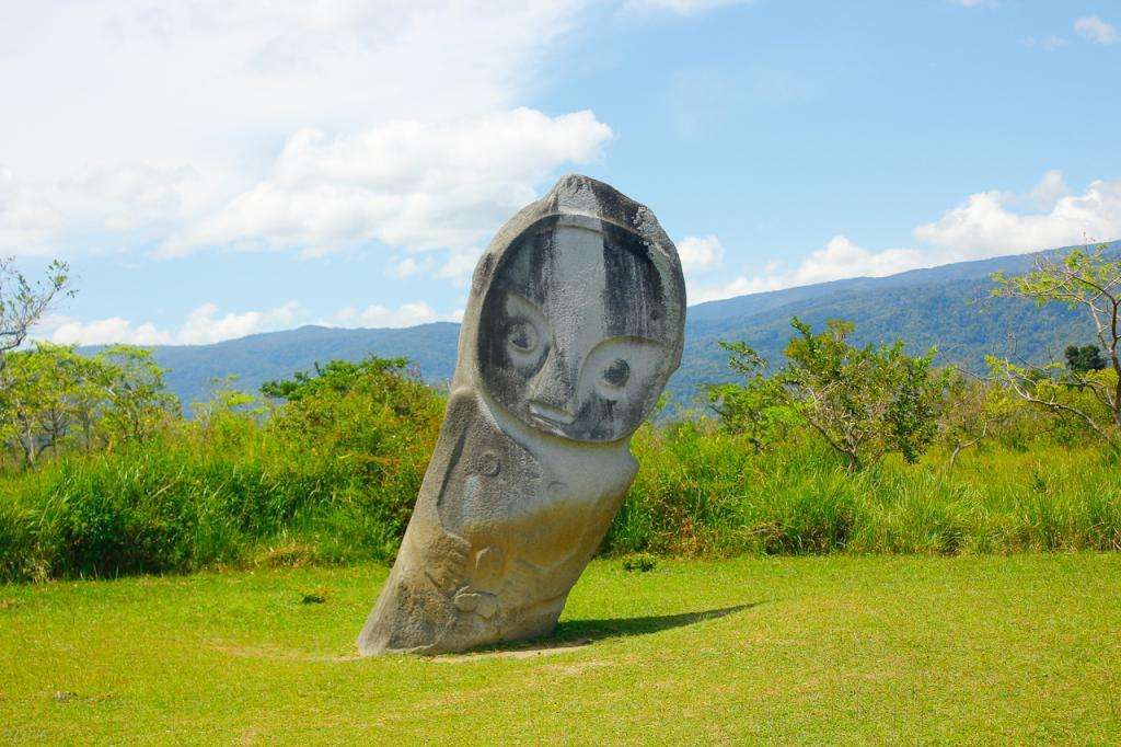 A megalithic statue found in the Bada Valley, 2023.