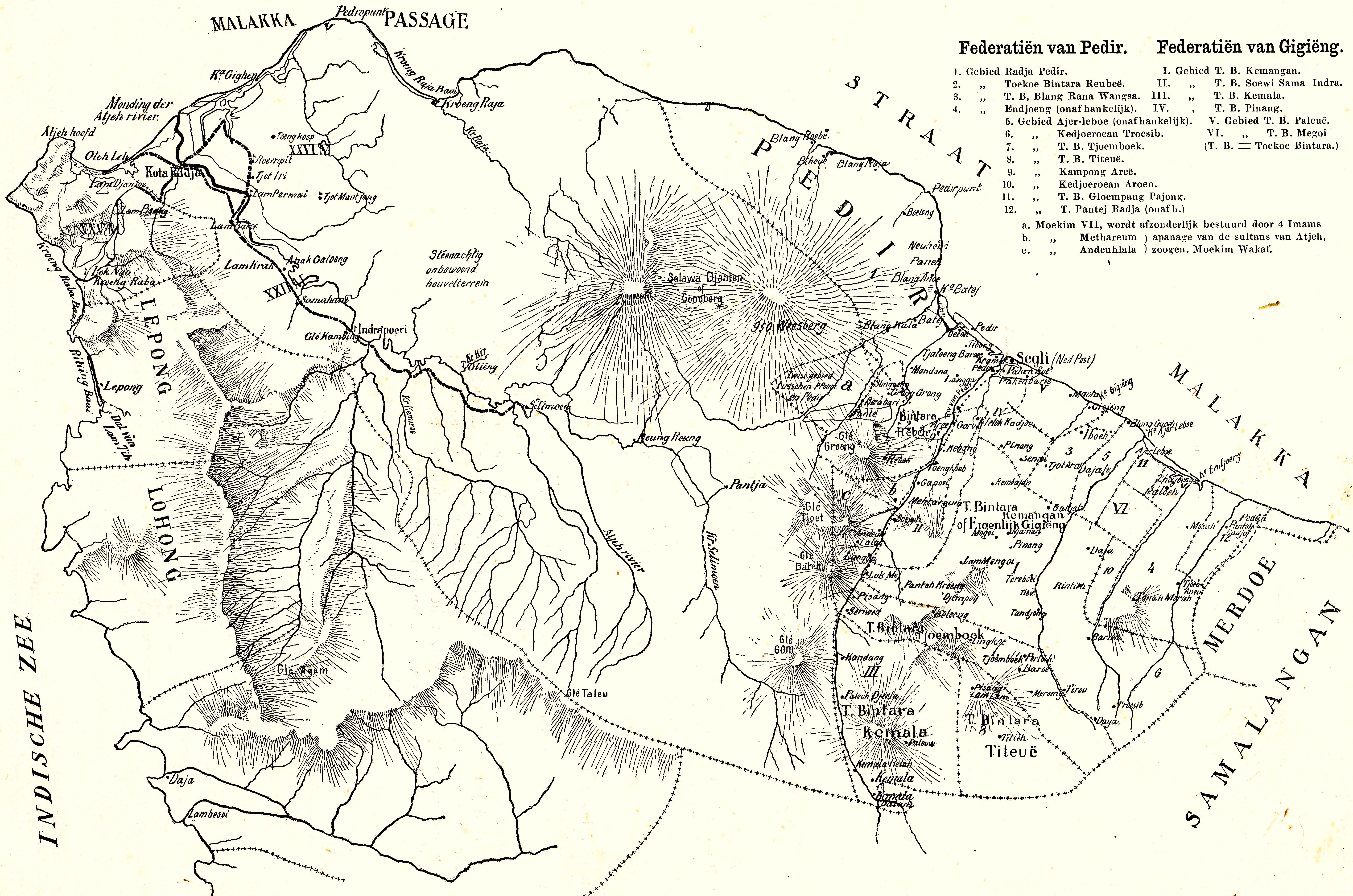 Map of Aceh Besar and Pidie in 1898, made by the Dutch, showing the areas of sagi 22, 25, and 26 mukims.