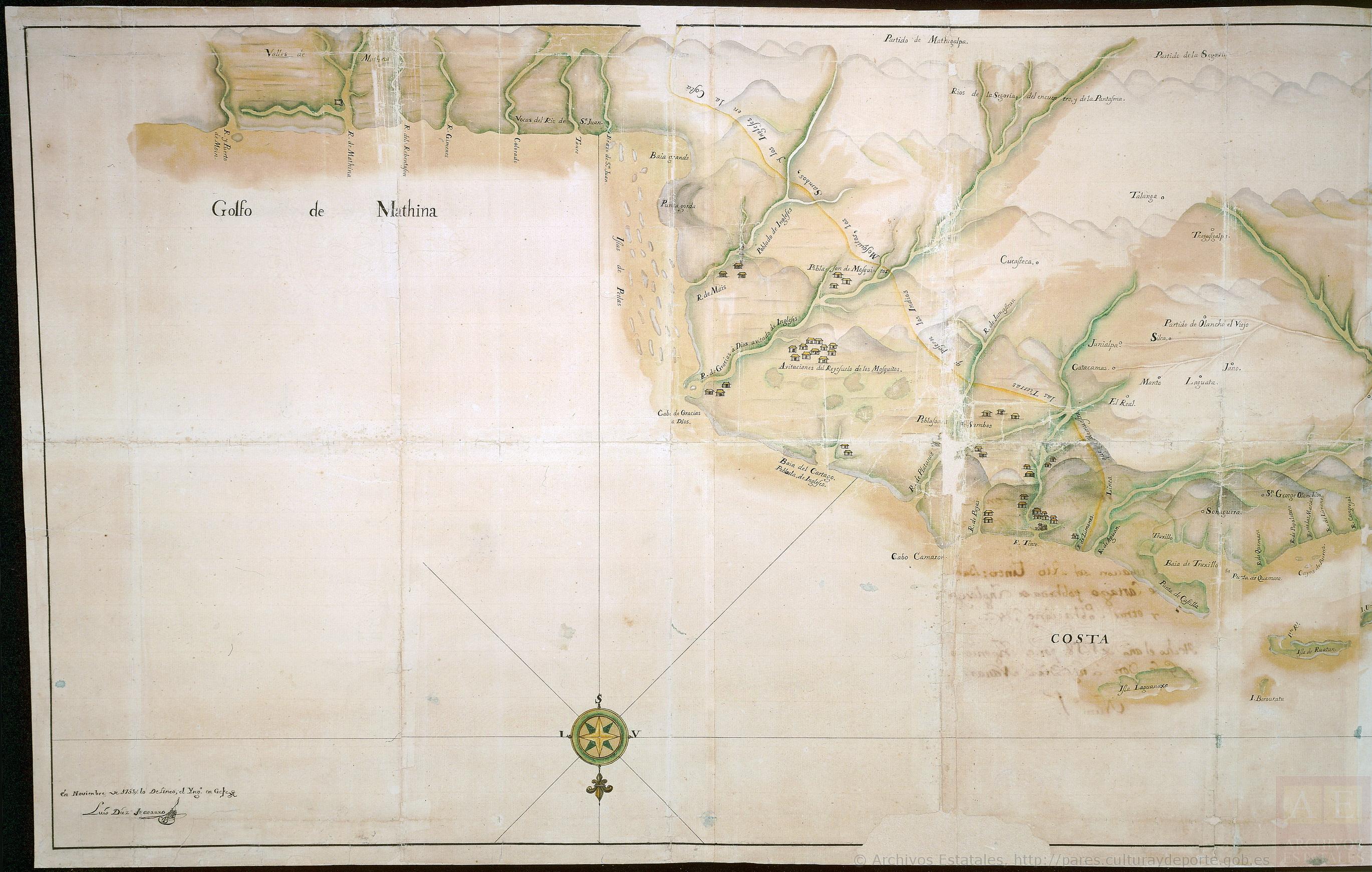 1758 Spanish map depicting the coast from Cape Castile (Honduras) to the valley of Moin (Matina), with a yellow demarcation line extending from the left bank of the River Aguan (Roman), curving westward through “the slope of mountains that separate them from the dominions” of Spain, and ending behind the Desaguadero (River San Juan). The map includes the annotation: “Linea que demuestra las tierras que poseen los Indios Mosquitos, los Sambos, y los Ingleses en la costa” (“Line showing the territory possessed by the Miskito Indians, the Zambos, and the English on the coast”). 1758 Spanish map depicting the coast from Cape Castile (Honduras) to the valley of Moin (Matina), with a yellow demarcation line extending from the left bank of the River Aguan (Roman), curving westward through “the slope of mountains that separate them from the dominions” of Spain, and ending behind the Desaguadero (River San Juan). The map includes the annotation: “Linea que demuestra las tierras que poseen los Indios Mosquitos, los Sambos, y los Ingleses en la costa” (“Line showing the territory possessed by the Miskito Indians, the Zambos, and the English on the coast”).