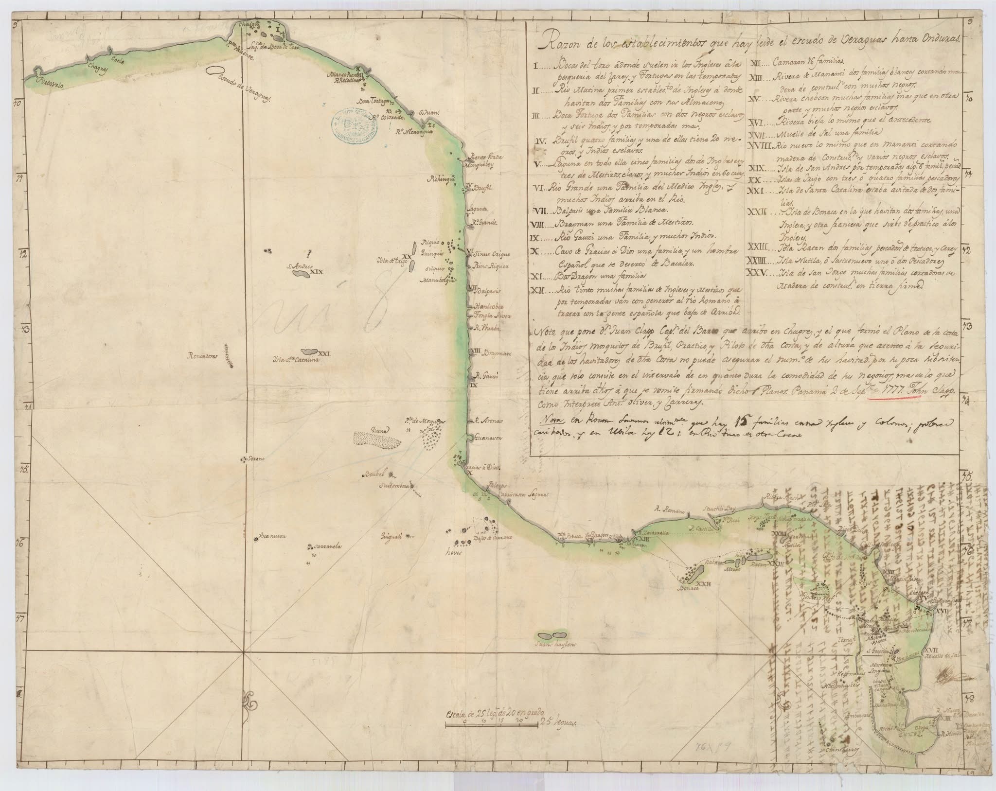 1777 Spanish map that shows the entire coast from the Bay of Honduras to Porto Bello, describing each settlement along the coast, 13 of which lie between Cape Camarón and Boca del Toro and are inhabited mostly by a mixed population, or in the words of Luiz Diez Navarro (1771), "all in a mingled condition". 1777 Spanish map that shows the entire coast from the Bay of Honduras to Porto Bello, describing each settlement along the coast, 13 of which lie between Cape Camarón and Boca del Toro and are inhabited mostly by a mixed population, or in the words of Luiz Diez Navarro (1771), "all in a mingled condition".