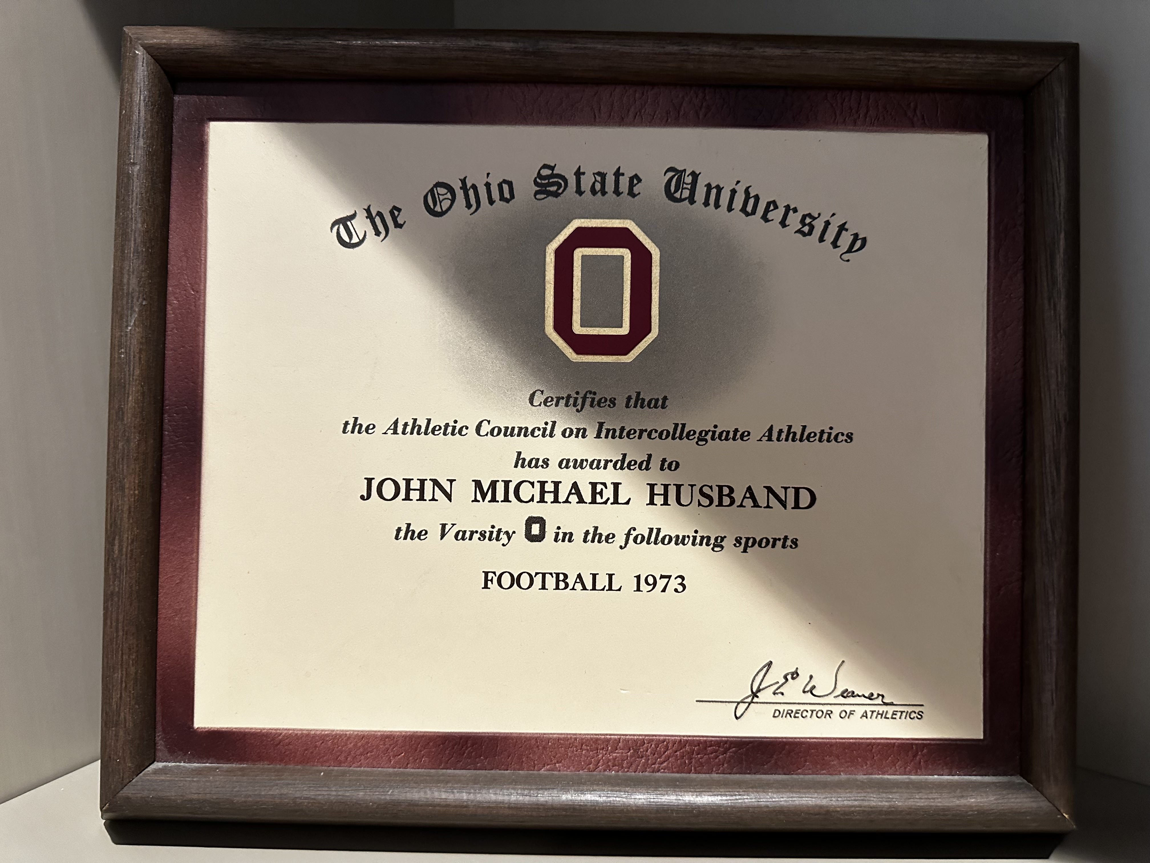 John M. Husband's Varsity O Award for Football, 1973.