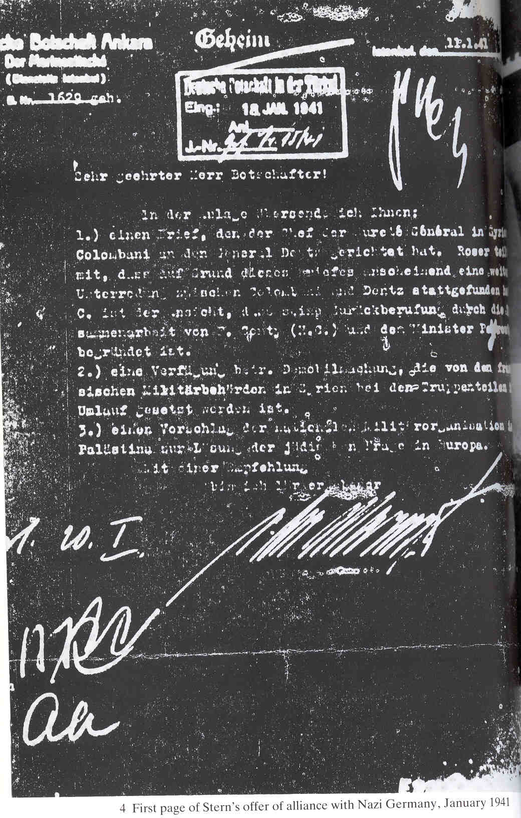  German covering letter attached to the January 1941 offer by Lehi. The offer was to "actively take part in the war on Germany's side" in return for German support for "the establishment of the historic Jewish state on a national and totalitarian basis". 