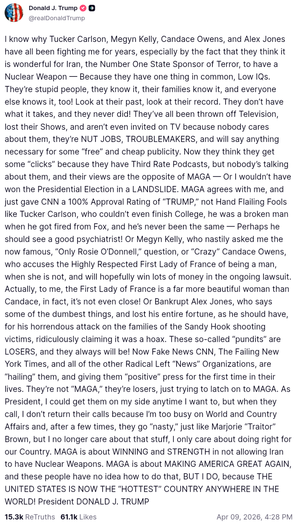 Screenshot of a Truth Social post in which Donald Trump criticizes Tucker Carlson, Megyn Kelly, Candace Owens, and Alex Jones during the feud (April 9, 2026)
