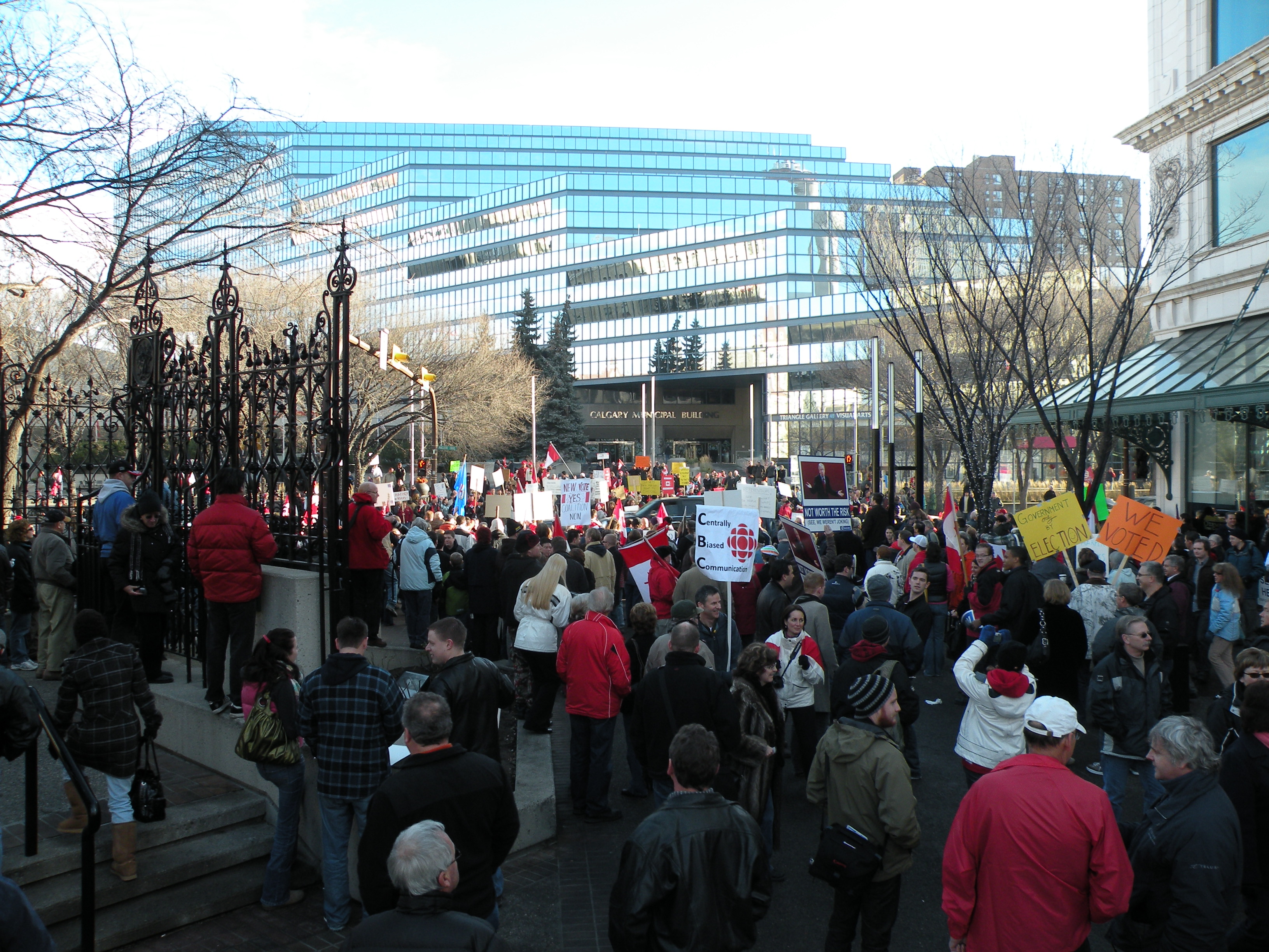This anti-coalition rally in Calgary was one of several demonstrations held across Canada both in support of and opposition to the coalition's attempts at gaining control of parliament.