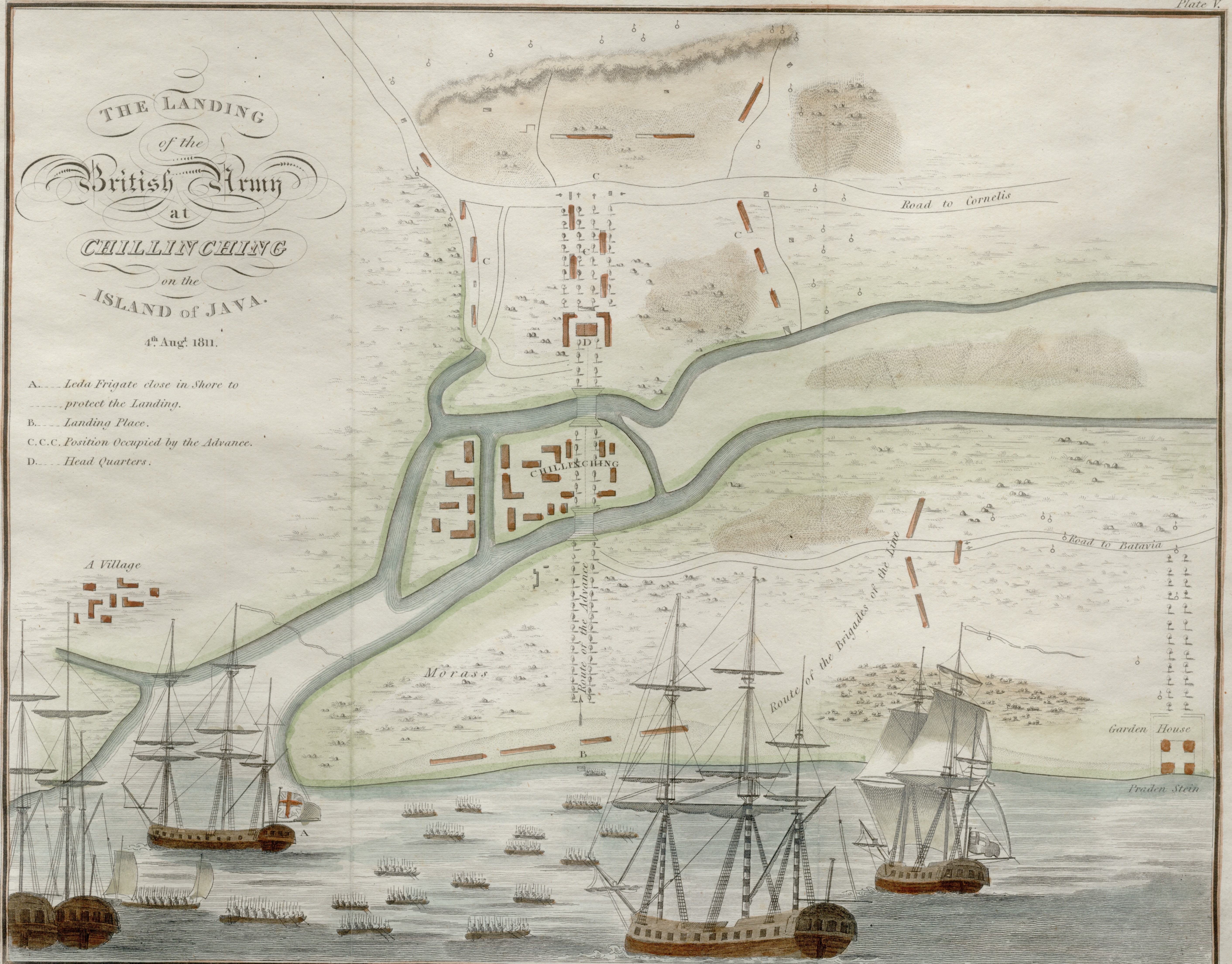 Landing of British troops at Chillingching, 4 August 1811, during the Java campaign in which Higginson served