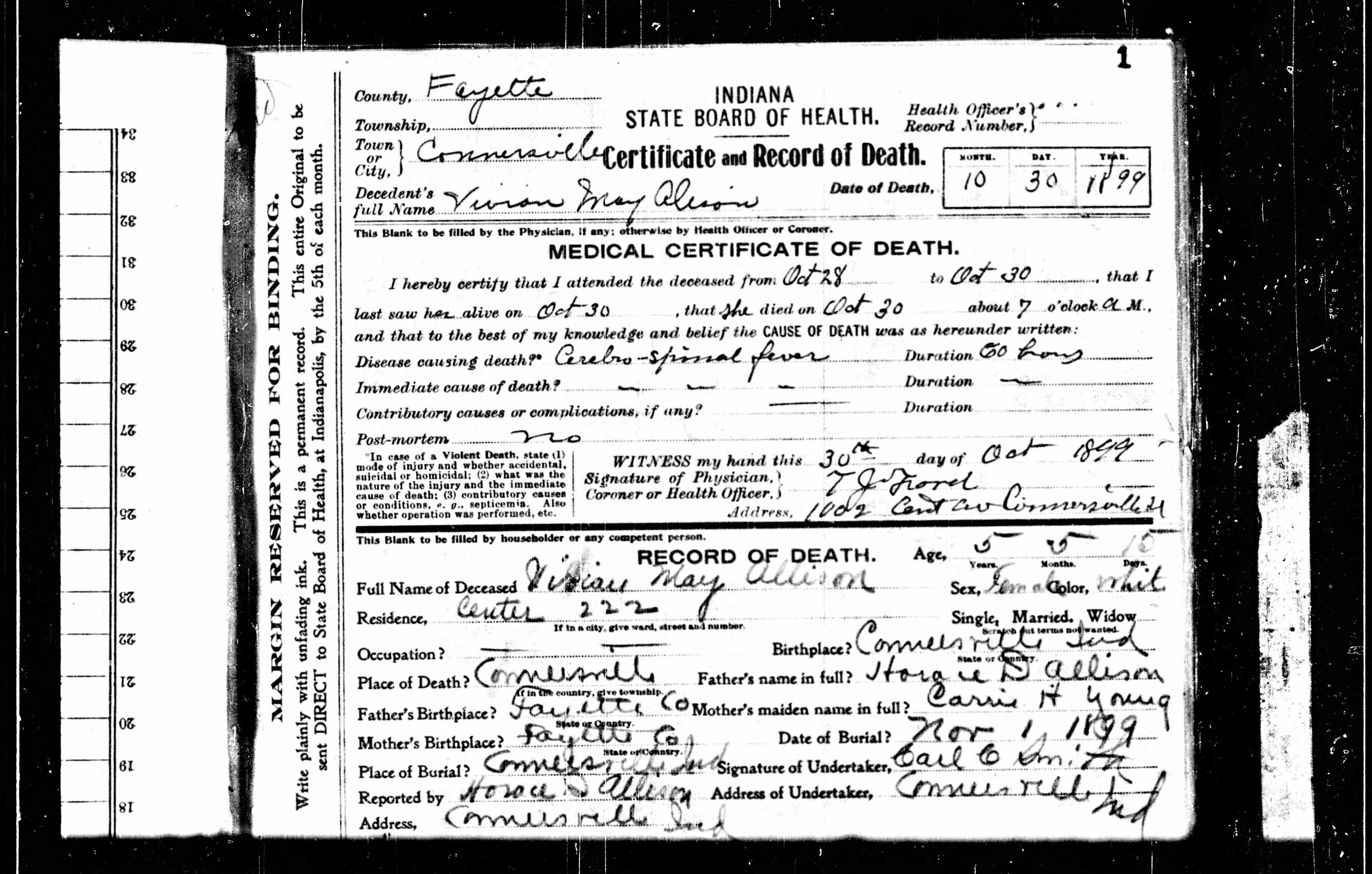 Death Certificate issued by the state of Indiana for Vivian May Allison