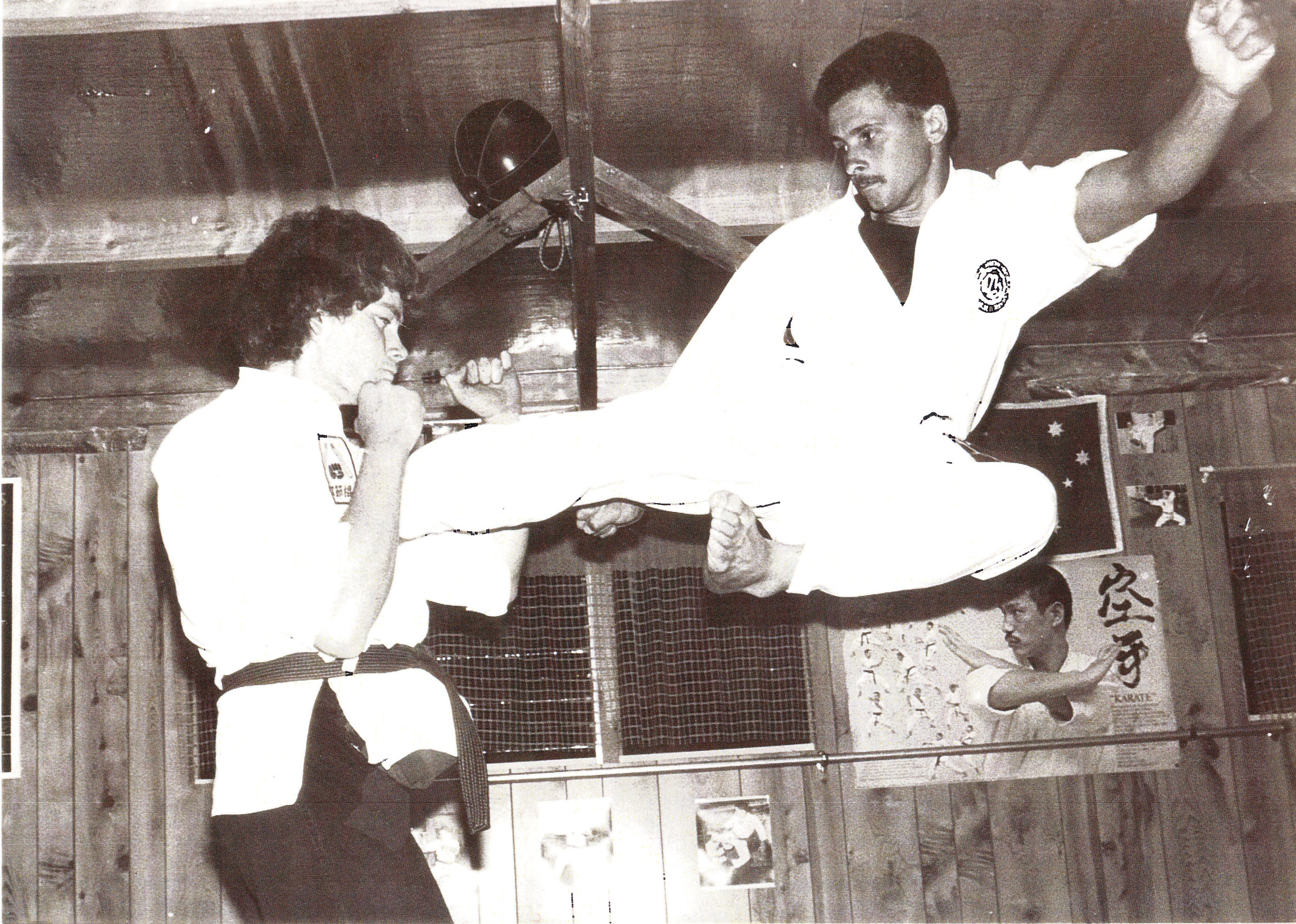 Hanshi Ian Pollet demonstrating a flying side kick.