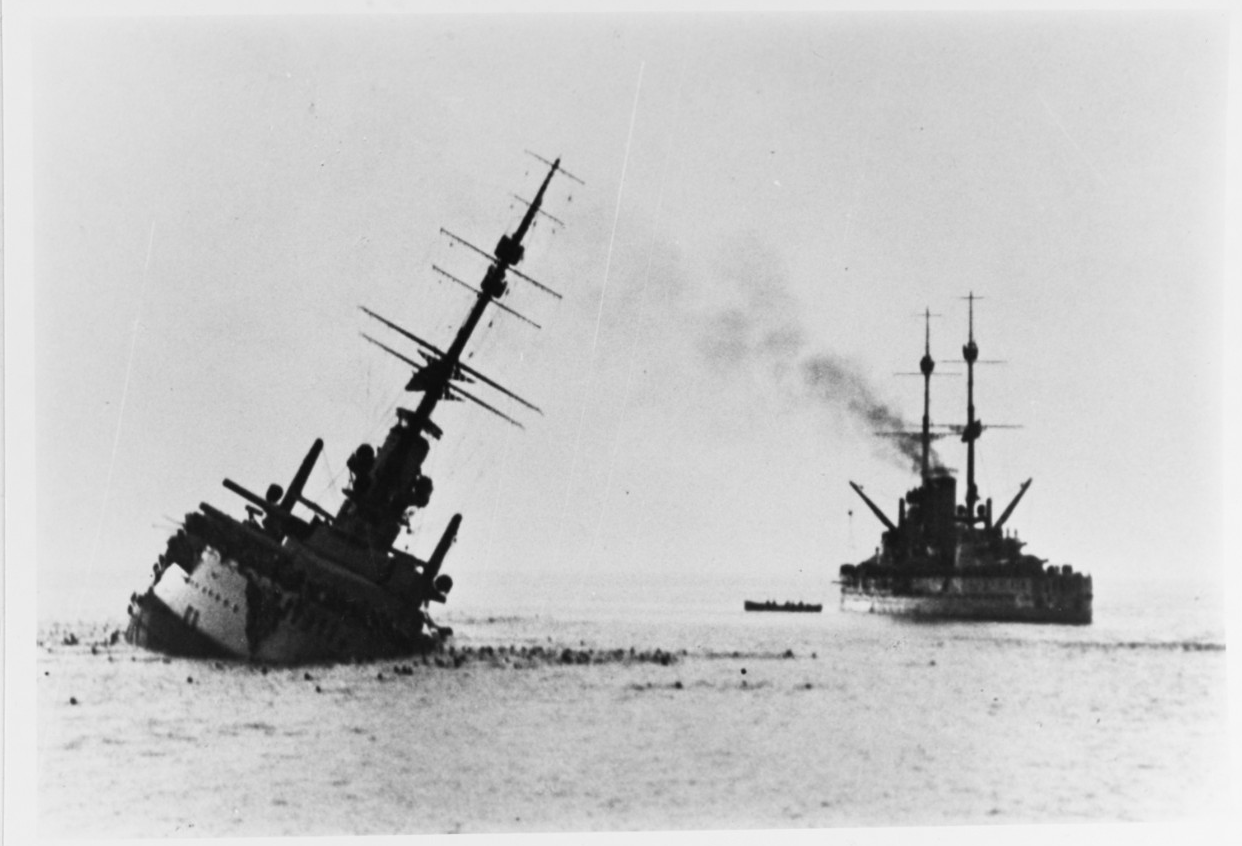 Szent István sinking in June 1918 after being struck by an Italian torpedo. Tegetthoff can be seen on the right|alt=A battleship lies low in the water with a heavy list after being struck by a torpedo. Another battleship can be seen floating Szent István sinking in June 1918 after being struck by an Italian torpedo. Tegetthoff can be seen on the right|alt=A battleship lies low in the water with a heavy list after being struck by a torpedo. Another battleship can be seen floating