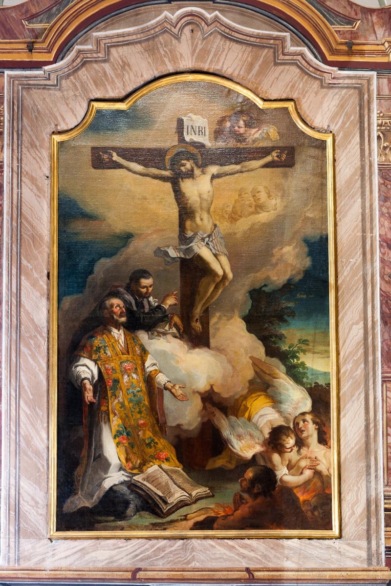 Anonymous, Crucifix with Saint Andrew Avellino, Saint Gaetano da Thiene and the Souls in Purgatory, oil on canvas, first half of the 18th century.