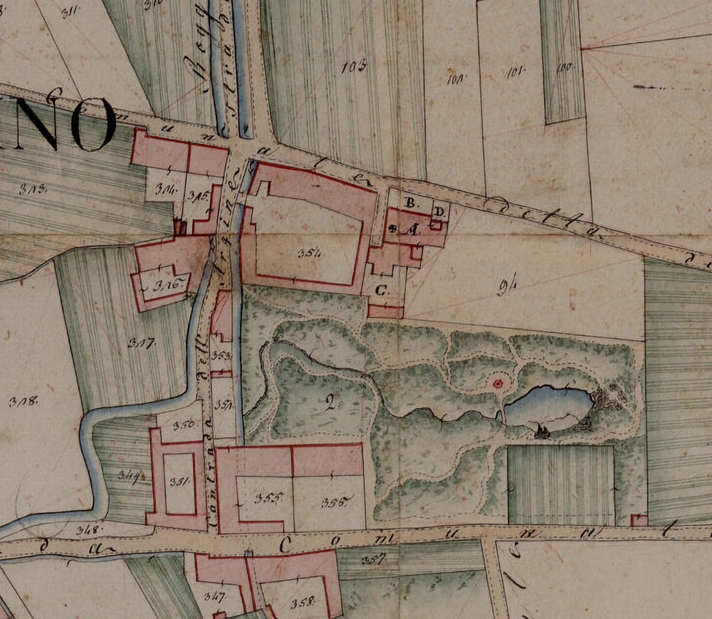 Extract from the "Original Map of the Cadastral Municipality of San Bernardino", year 1814, preserved at the State Archive of Milan. In the detail, to the south of the church, one can see the large park of Villa Martini.