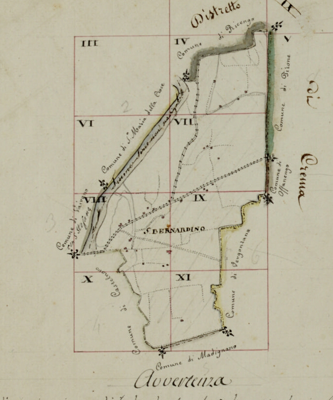 The municipality of San Bernardino, extracted from the Mappa originale del Comune censuario di San Bernardino (1832–1852), preserved at the State Archive of Milan.