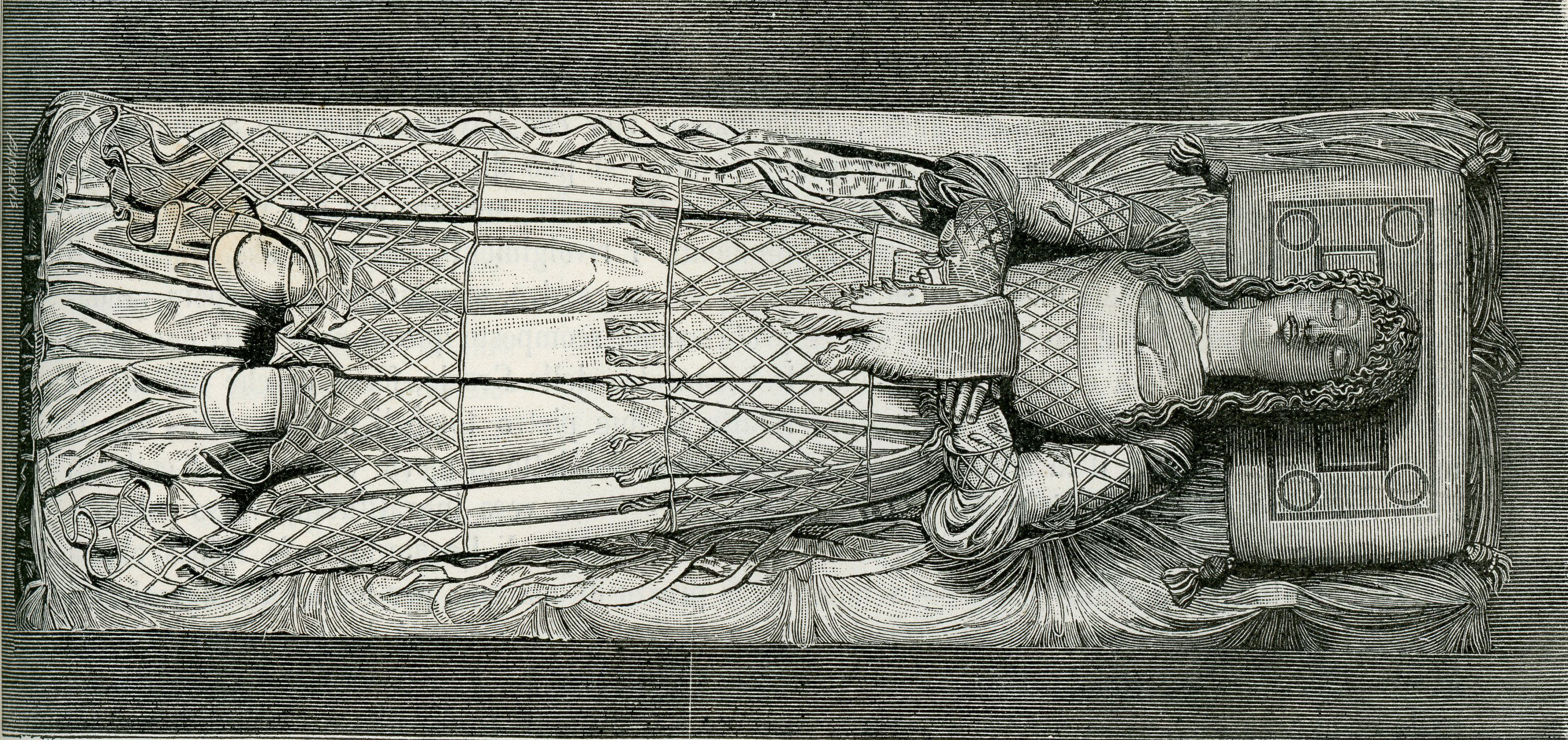 Certosa di Pavia: the tombstone of Beatrice d'Este in a woodcut by Giuseppe Barberis.