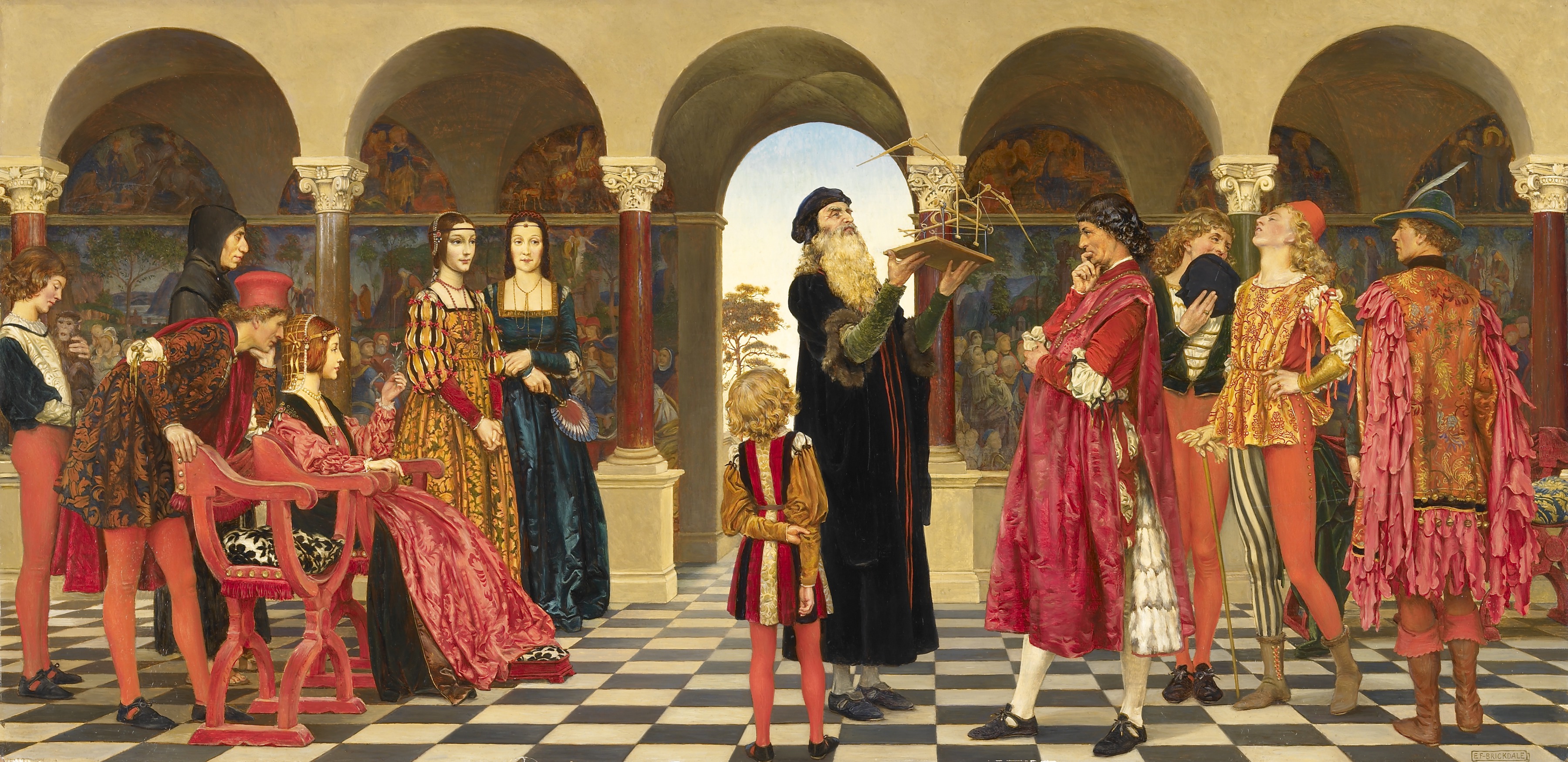 The court of Ludovico il Moro. Eleanor Fortescue-Brickdale. On the left is Duchess Beatrice d'Este, to whom a courtier, perhaps her secretary, whispers something in her ear.