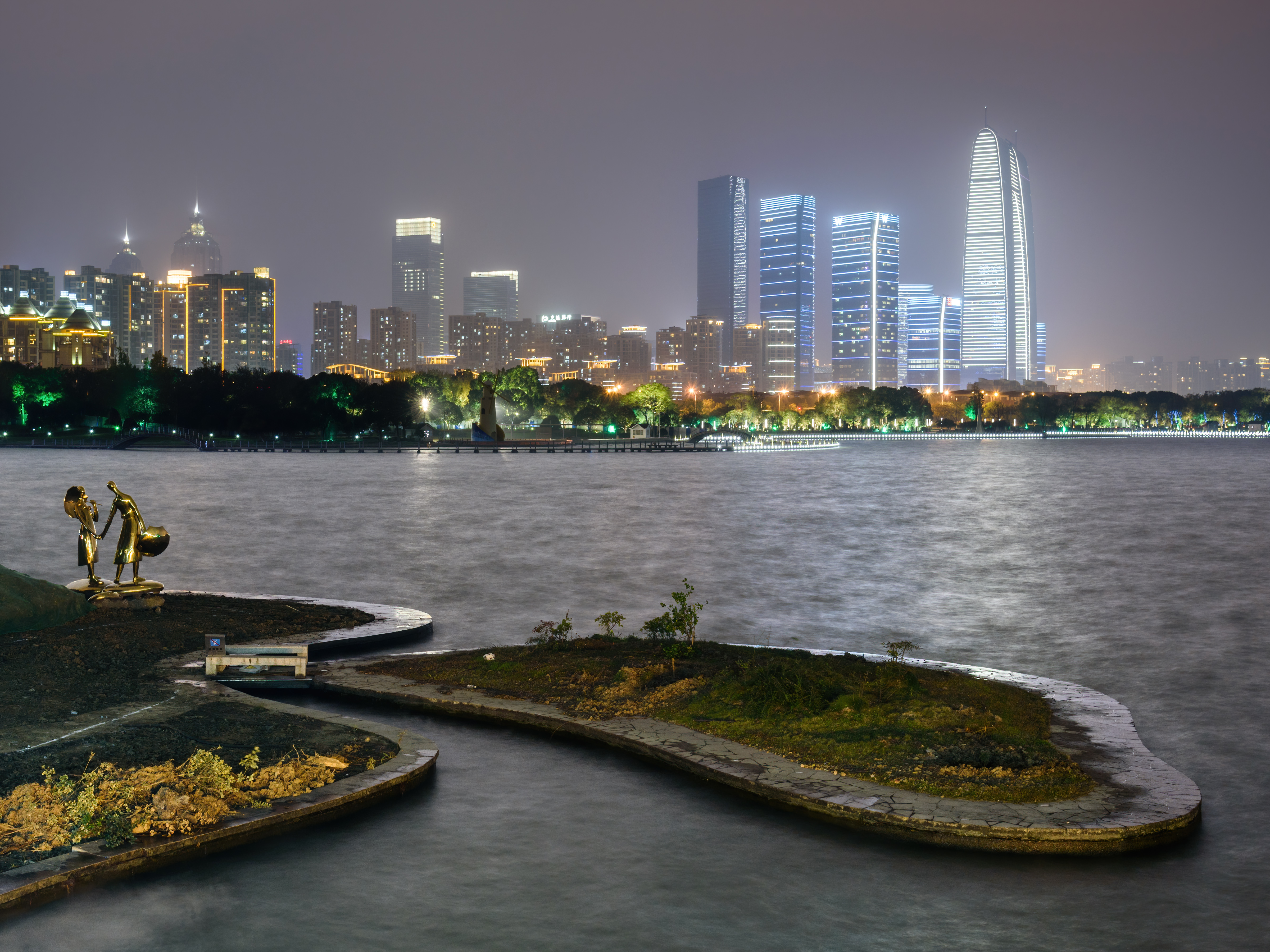 City skyline across Jinji Lake in Suzhou
