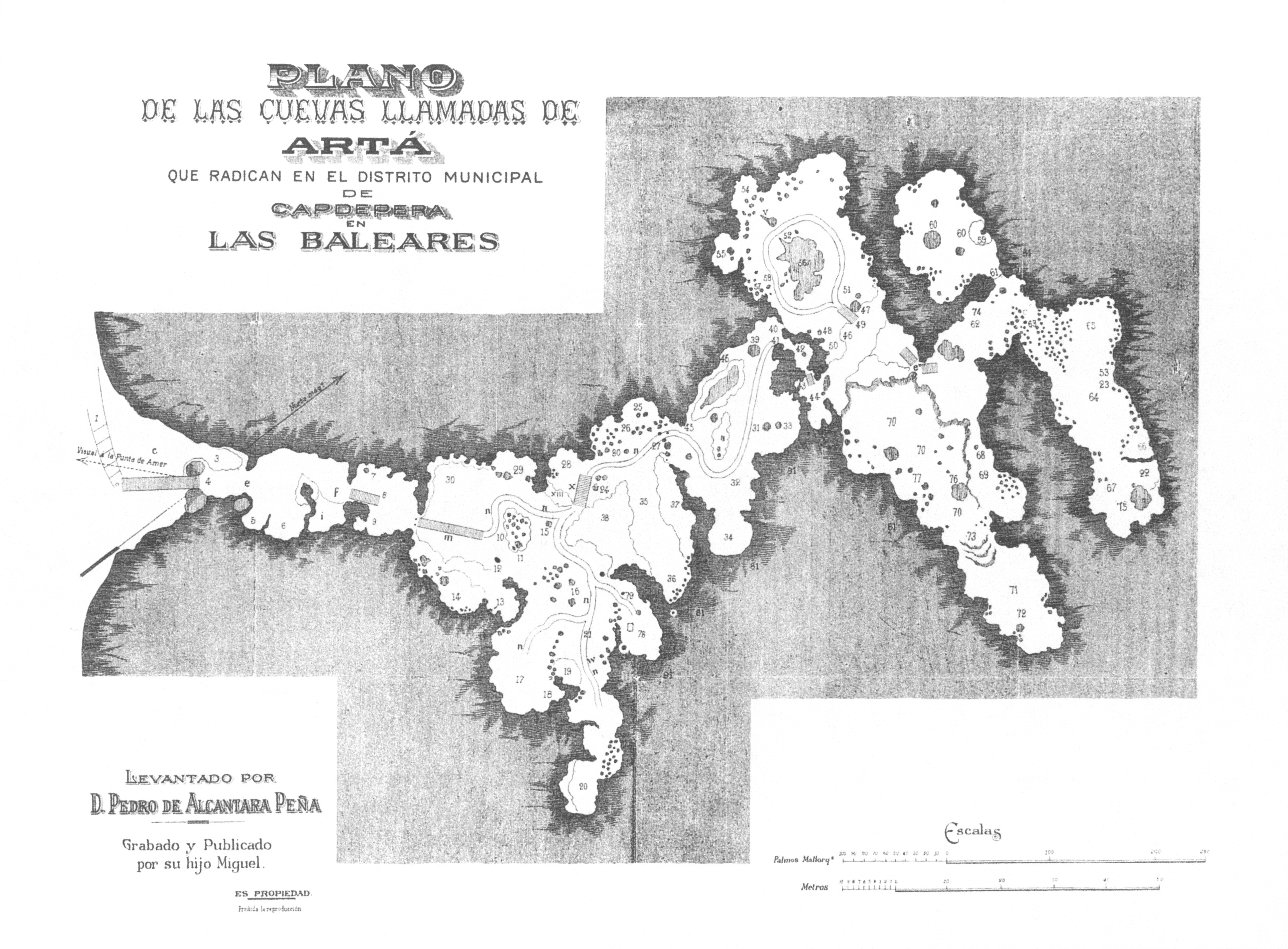 The 1862 plan of the Coves d'Artà by Pere d'Alcàntara Penya.
