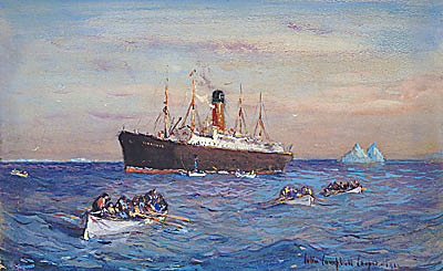 Rescue of the survivors of the Titanic by the Carpathia. By artist Colin Campbell Cooper who worked with Blackmarr to create a Titanic memorial.