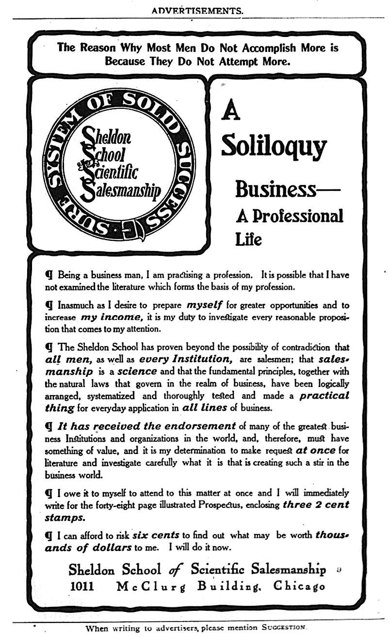 An ad for Arthur Frederick Sheldon's school in Suggestion magazine|490x490px