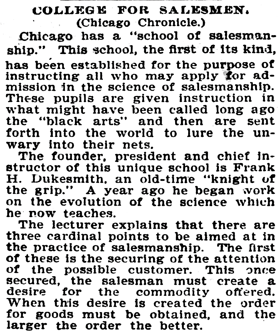 An article about the Chicago School of Salesmanship being opened. It includes a list of 3 parts of the AIDA model. Aug 1898