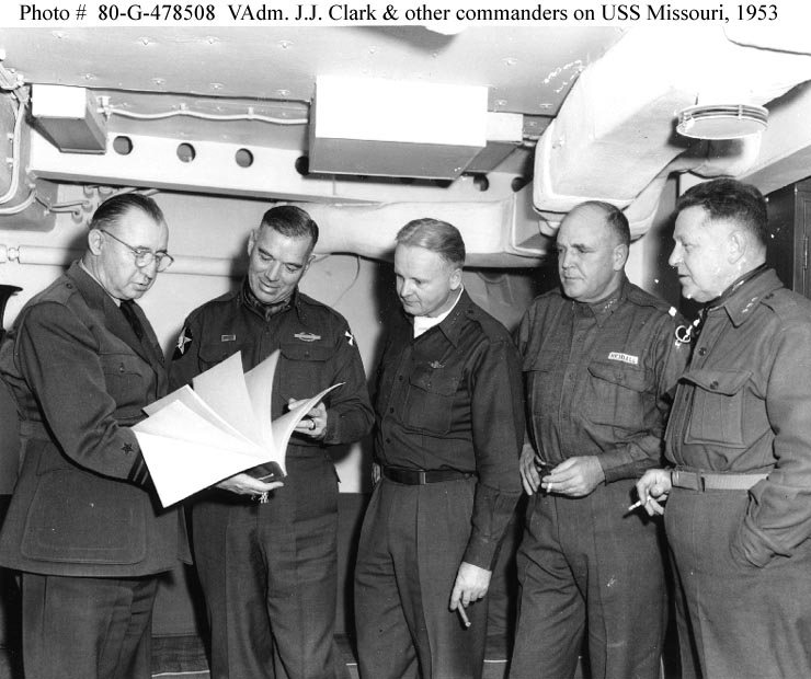 Korea (L to R): Joseph J. Clark, Seventh Fleet; James A. Van Fleet, Eighth Army; Glenn O. Barcus, Fifth Air Force; Paul W. Kendall, First Army Corps; Reuben E. Jenkins, Ninth Army Corps.