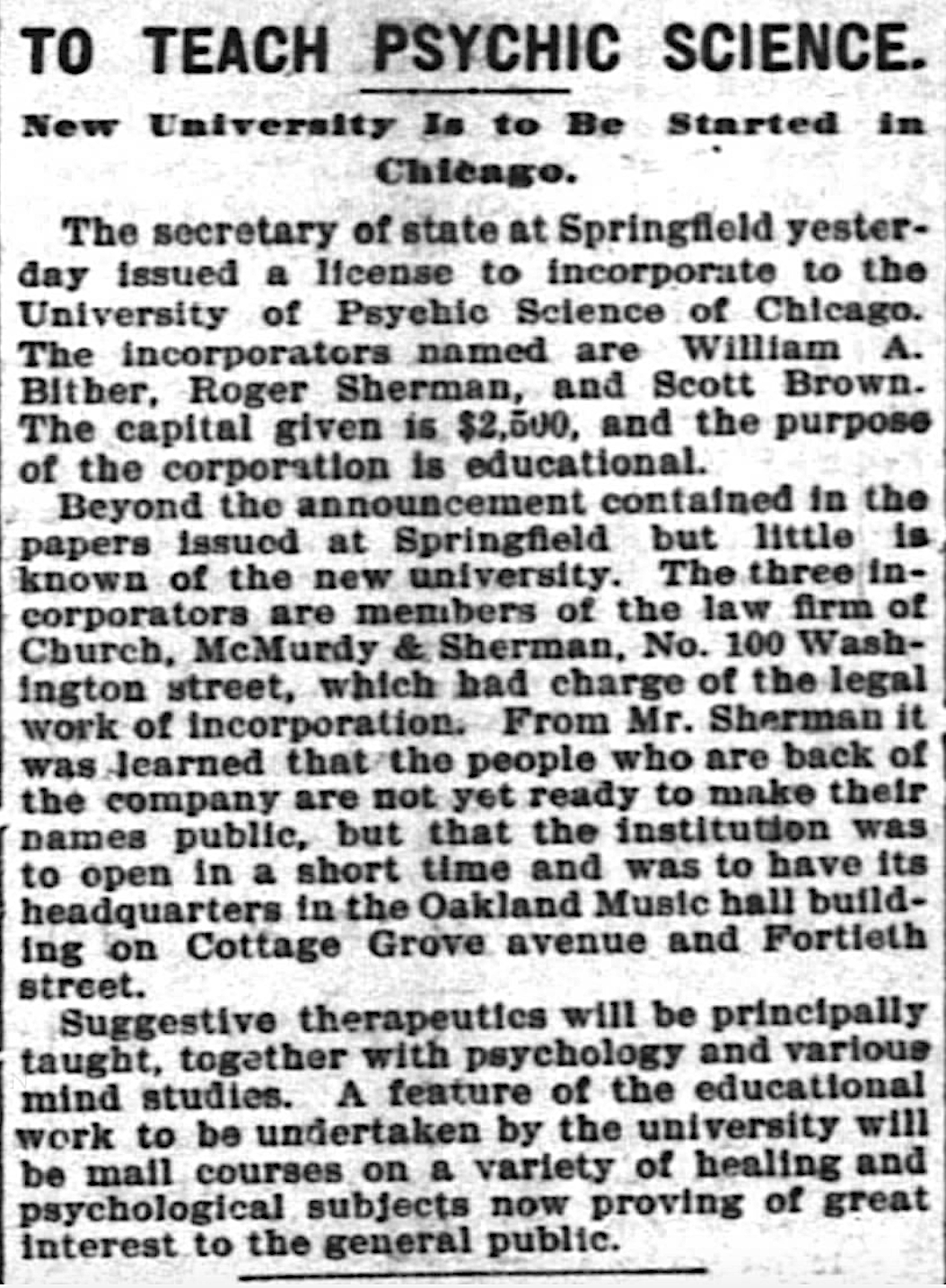 News article about the incorporation of the University of Psychic Science from The Inter Ocean, September 16th, 1900.
