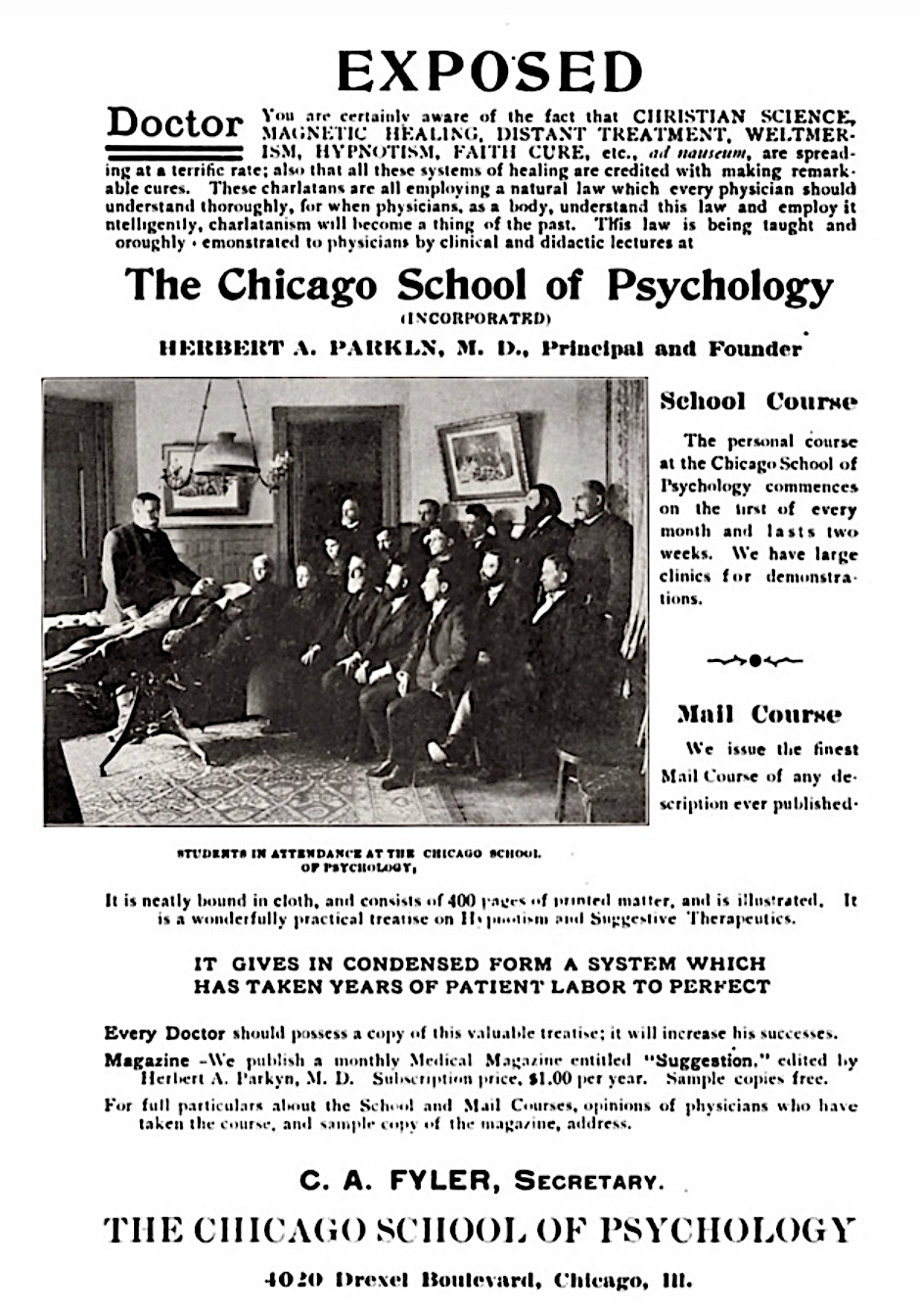 Christian Science was exposed at the school as a form of "masked suggestion" |429x429px