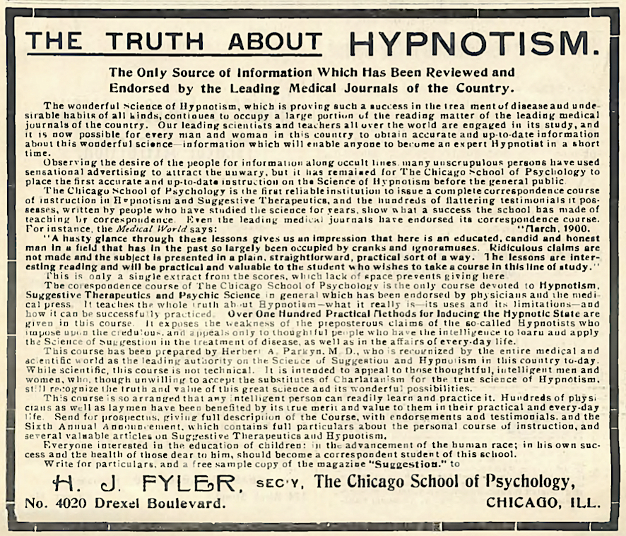 An ad for Dr. Parkyn's correspondence course from The Chicago School of Psychology