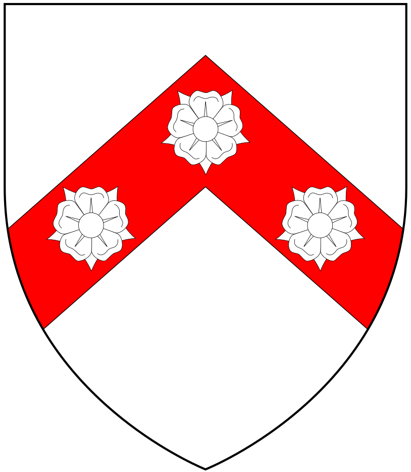 Arms of Gilbert: Argent, on a chevron gules three roses of the field