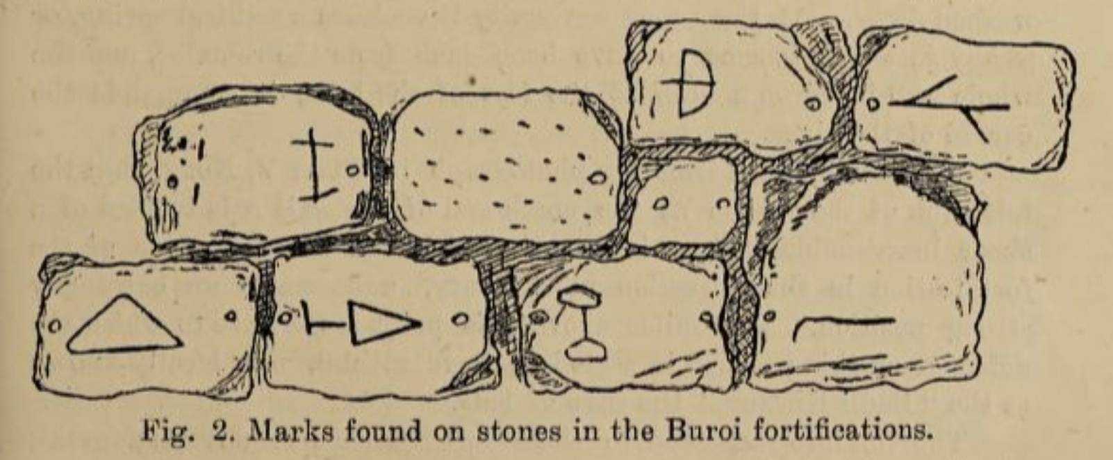 Mason marks on Buroi fortification as shown in Edwards and Mann 1904 article. Mason marks on Buroi fortification as shown in Edwards and Mann 1904 article.