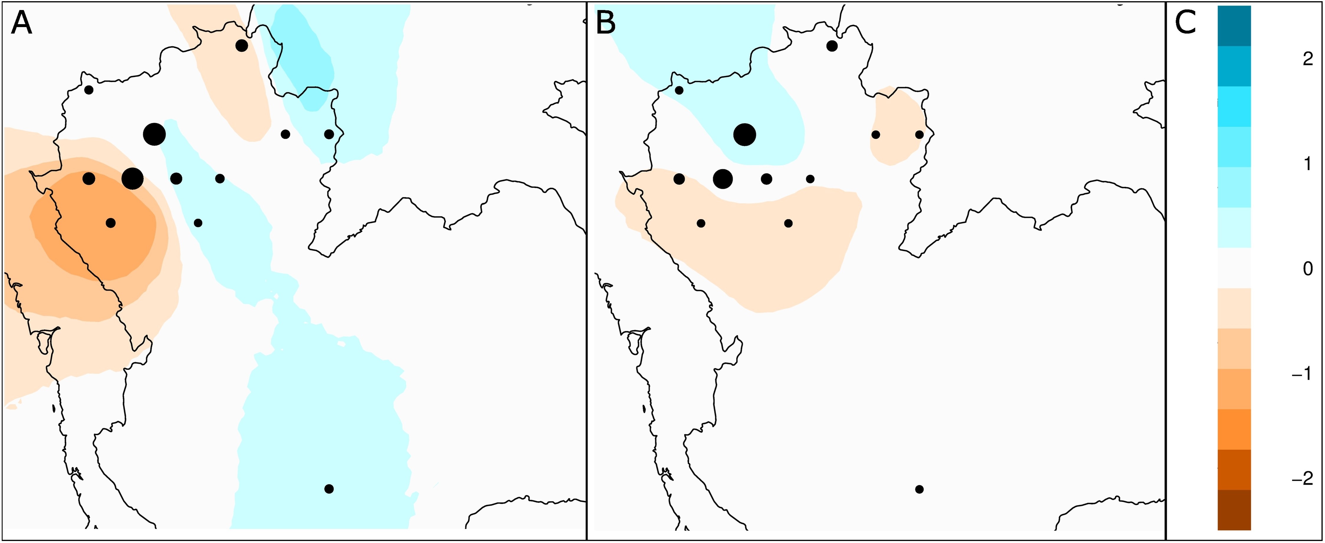 Estimated Effective Migration Surfaces (EEMS) of northern Thai populations. (A) Paternal lineages (Y-STR) show a sharp break in gene flow (dark orange) isolating the remote Austroasiatic Lawa villages, contrasting with high connectivity (blue) among Tai groups. (B) Maternal lineages (mtDNA) present a much weaker spatial structure.