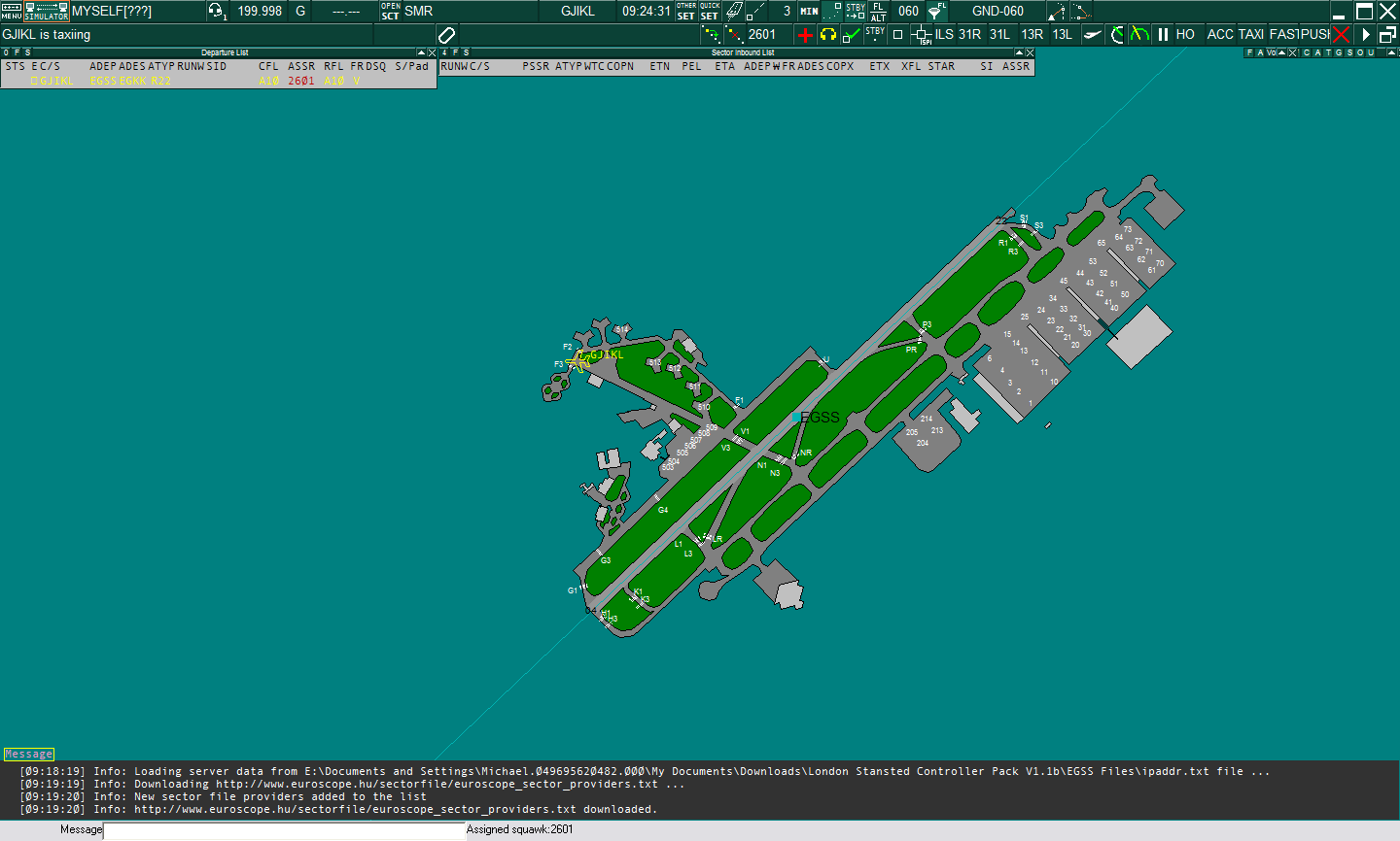 An example of an offline simulator session, one of Euroscope's features, using a sector file and tags created by a member of VATSIM, created to be used as the Surface movement radar for London Stansted Airport.