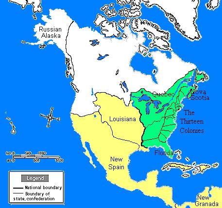 North America in 1775, on the eve of the North American Rebellion