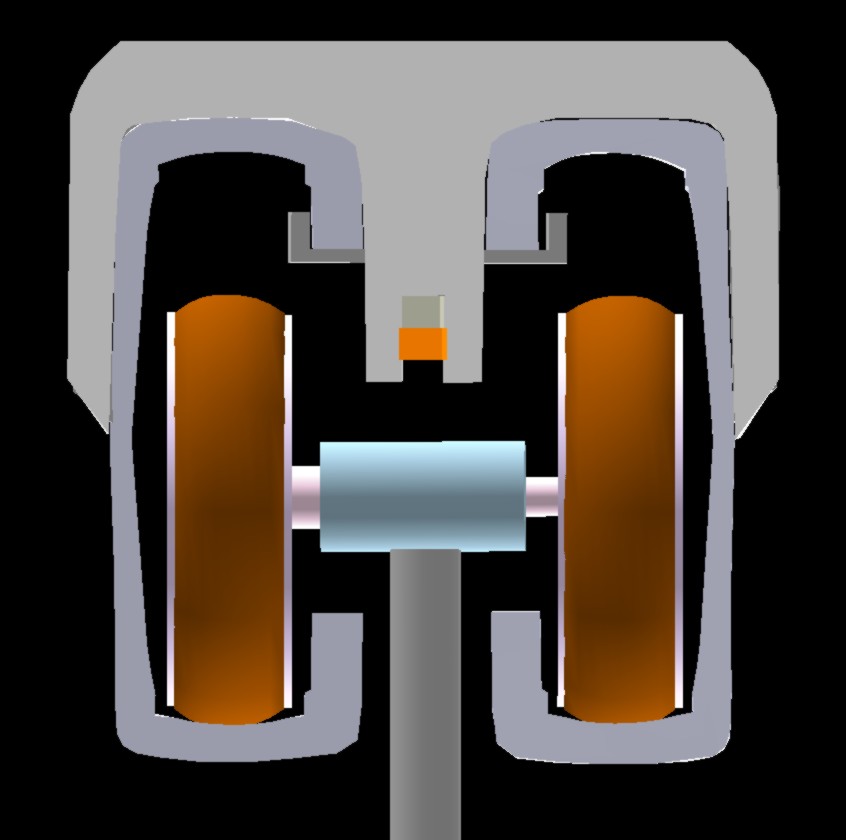 Cross section of a beamway beam. The power rail (orange in the middle) is mounted in plastic.