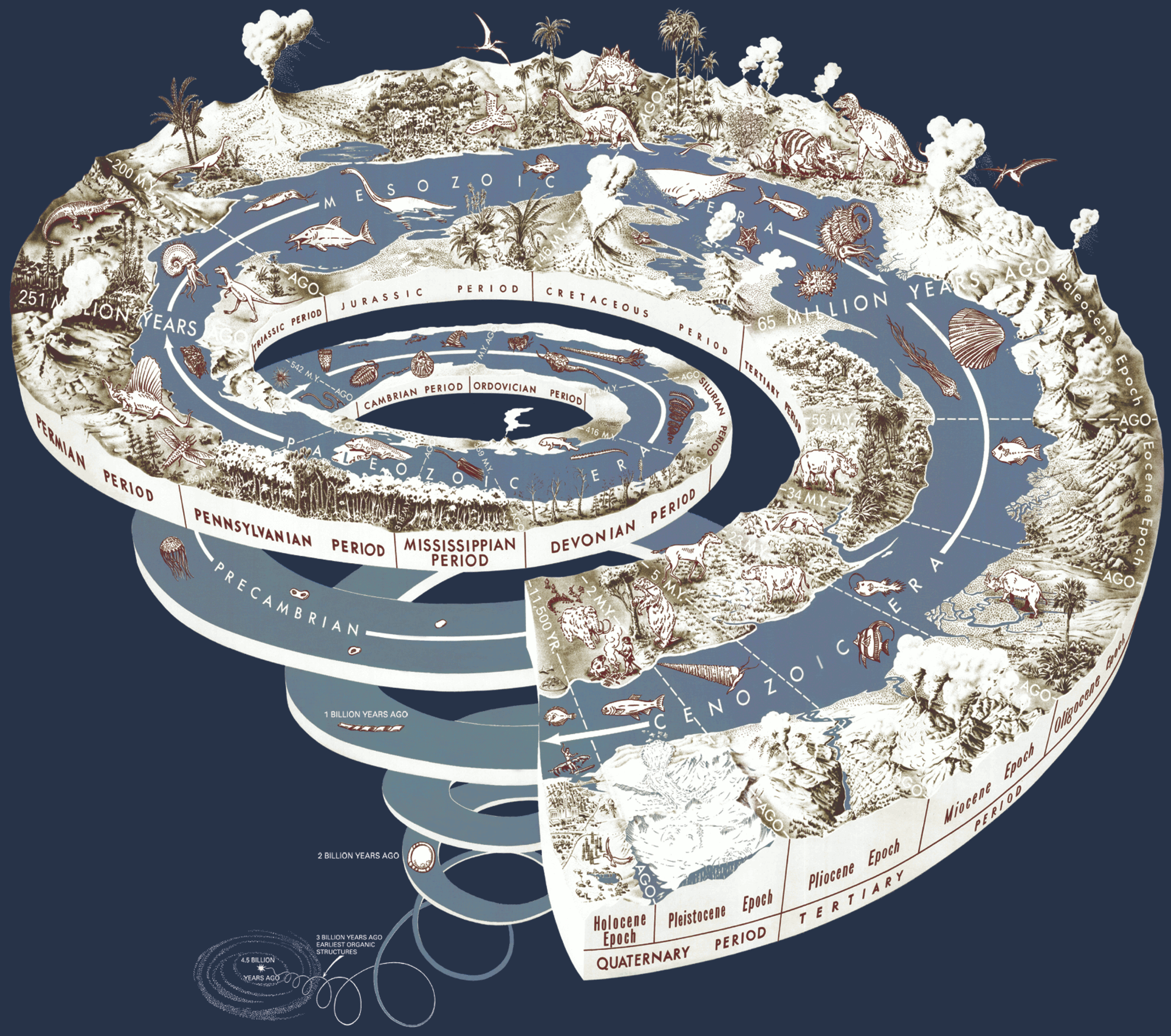 This spiral form is a diagram of the geological time scale, where the past is toward the bottom of the spiral.