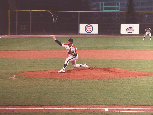 Nolan Ryan in 1983, wearing a later version of the Rainbow Guts uniform, with the rainbow stripes moved to the shoulders and the outside of the sleeves.
