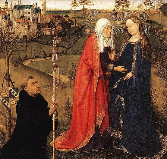 Saint Elizabeth meeting the Blessed Virgin Mary. The moment of John's Immaculate Conception. By Jacques Daret, Oil on Canvas painting. Circa 1434, Berlin Museum. 