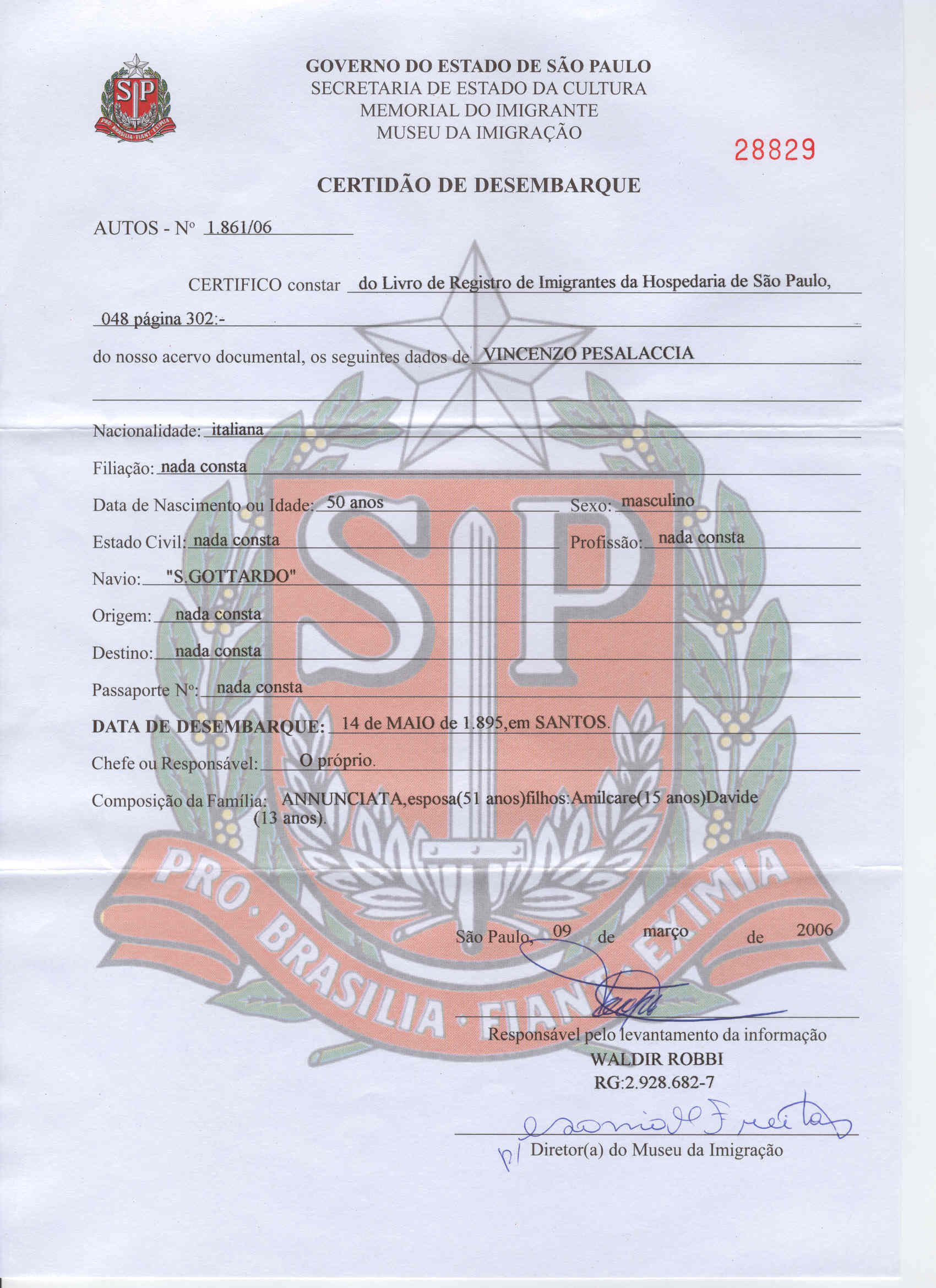 Certidao de Desembarque - Vincenzo Pesalaccia e Familia